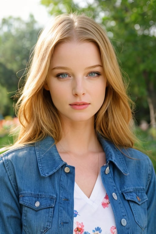 Light hair Rachel Nichols on a casual day, in a park, under the afternoon sun. She is wearing a light, floral dress with a denim jacket over it. Her hair is loose, with a natural touch. The makeup is soft, with a light pink lipstick and light mascara. The background is a flower garden, with trees and a blue sky. The image is natural and relaxing, with a cinematic style and vibrant colors. 