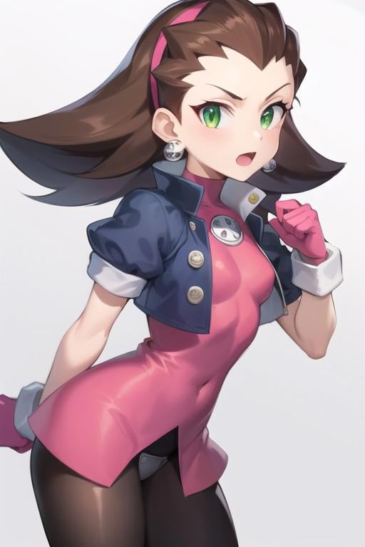 tron_bonne_megamanl, 1girl, solo, green eyes, brown hair, gloves, earrings, hairband, jewelry, cropped jacket, pantyhose, pink gloves, hair pulled back, <lora:Tron_Bonne_MegaMan_Legends_V-08:0.7>