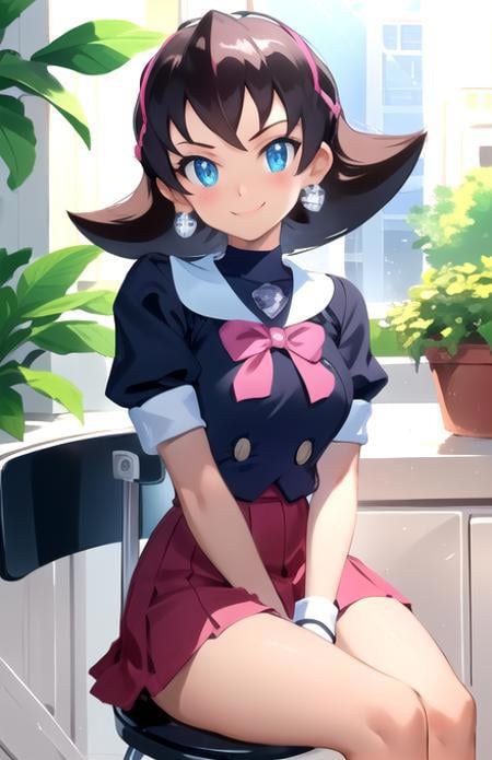 <lora:Tron_Bonne_MegaMan_Legends_V:1> tron bonne, masterpiece, best quality, ultra-detailed, illustration, 1girl, solo, bokeh, Depth of field, Cinematic Light, Lens Flare, soft light, ray tracing, school uniform, white shirt, tie, sitting on chair, heart clip, earings, smile, happy, <lora:epi_noiseoffset2:1>