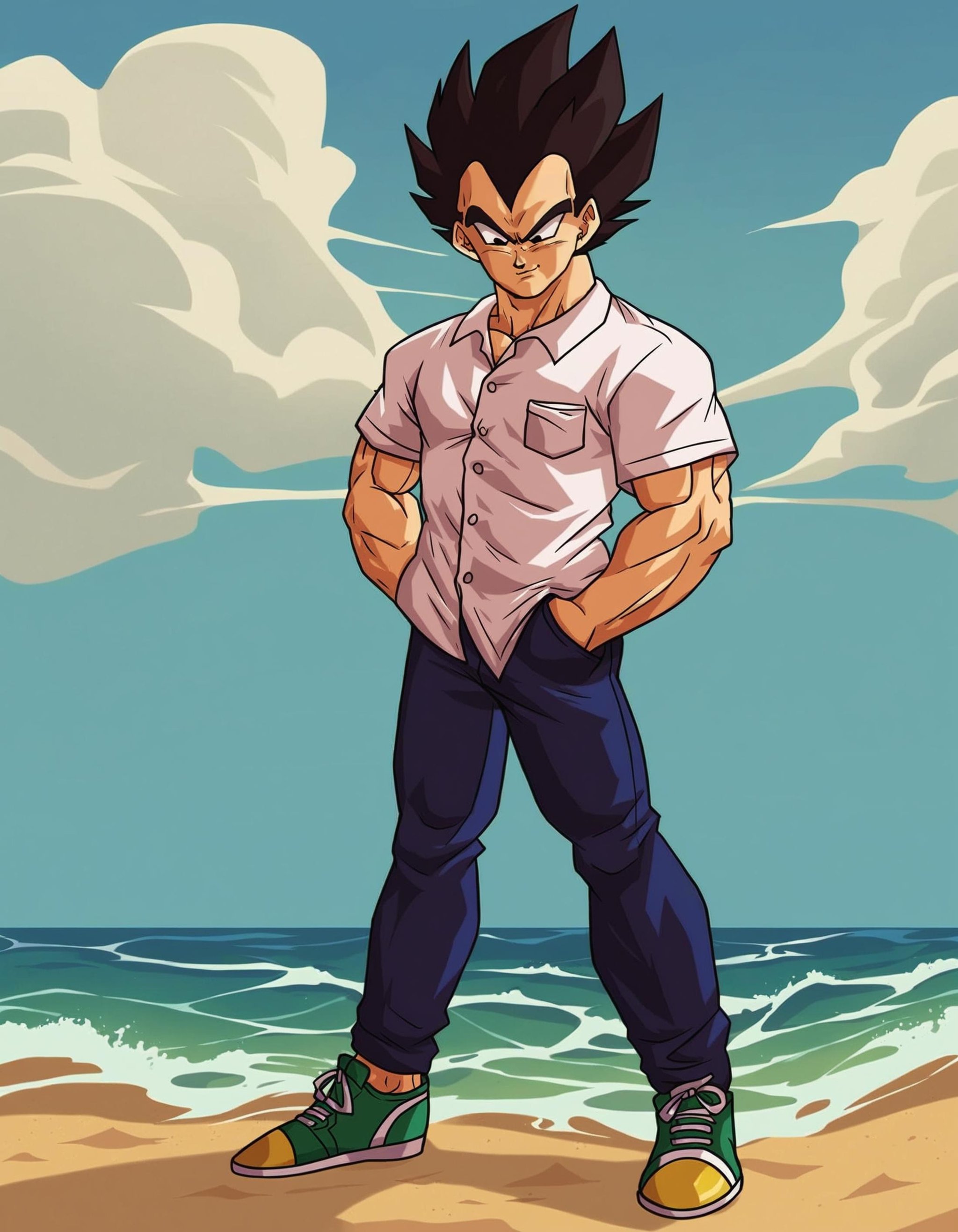 source_anime, zPDXL2,  vegetaxl, solo, black hair, black eyes,1boy,  beach,blue sky, waves, shirt,pants, shoes,hands in pockets,  floating, full body, <lora:vegetaxl-000005:1>,