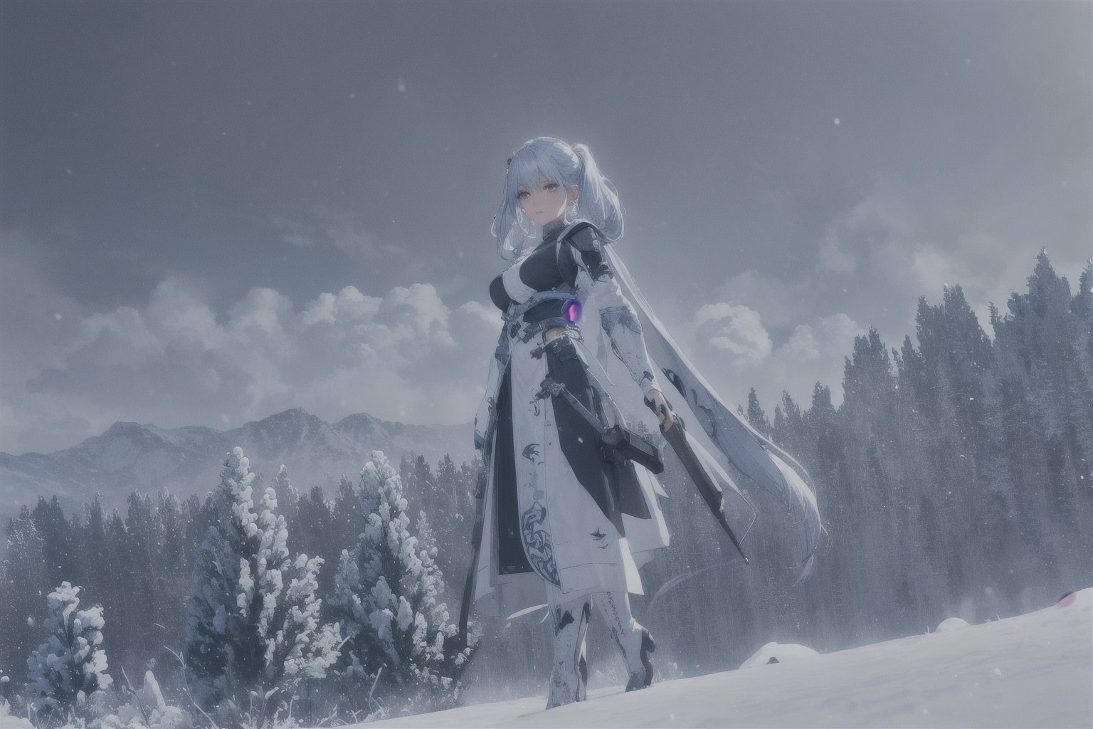 Jinhsi, 1girl, Solo, Long Silver Hair, Twin Tail Hairstyle , White Eyes, White Robe, Black Cloth, White Skirt, Long White boot, Blushing, walking, Cold wind effect, old city zone, snow season, battle field, ((Best quality)), ((masterpiece)), 3D, HDR (High Dynamic Range),Ray Tracing, NVIDIA RTX, Super-Resolution, Unreal 5,Subsurface scattering, PBR Texturing, Post-processing, Anisotropic Filtering, Depth-of-field, Maximum clarity and sharpness, Multi-layered textures, Albedo and Specular maps, Surface shading, Accurate simulation of light-material interaction, Perfect proportions, Octane Render, Two-tone lighting, Wide aperture, Low ISO, White balance, Rule of thirds,8K RAW, Aura, masterpiece, best quality, Mysterious expression, magical effects like sparkles or energy, flowing robes or enchanting attire, mechanic creatures or mystical background, rim lighting, side lighting, cinematic light, ultra high res, 8k uhd, film grain, best shadow, delicate, RAW, light particles, detailed skin texture, detailed cloth texture, beautiful face, (masterpiece), best quality, expressive eyes, perfect face,