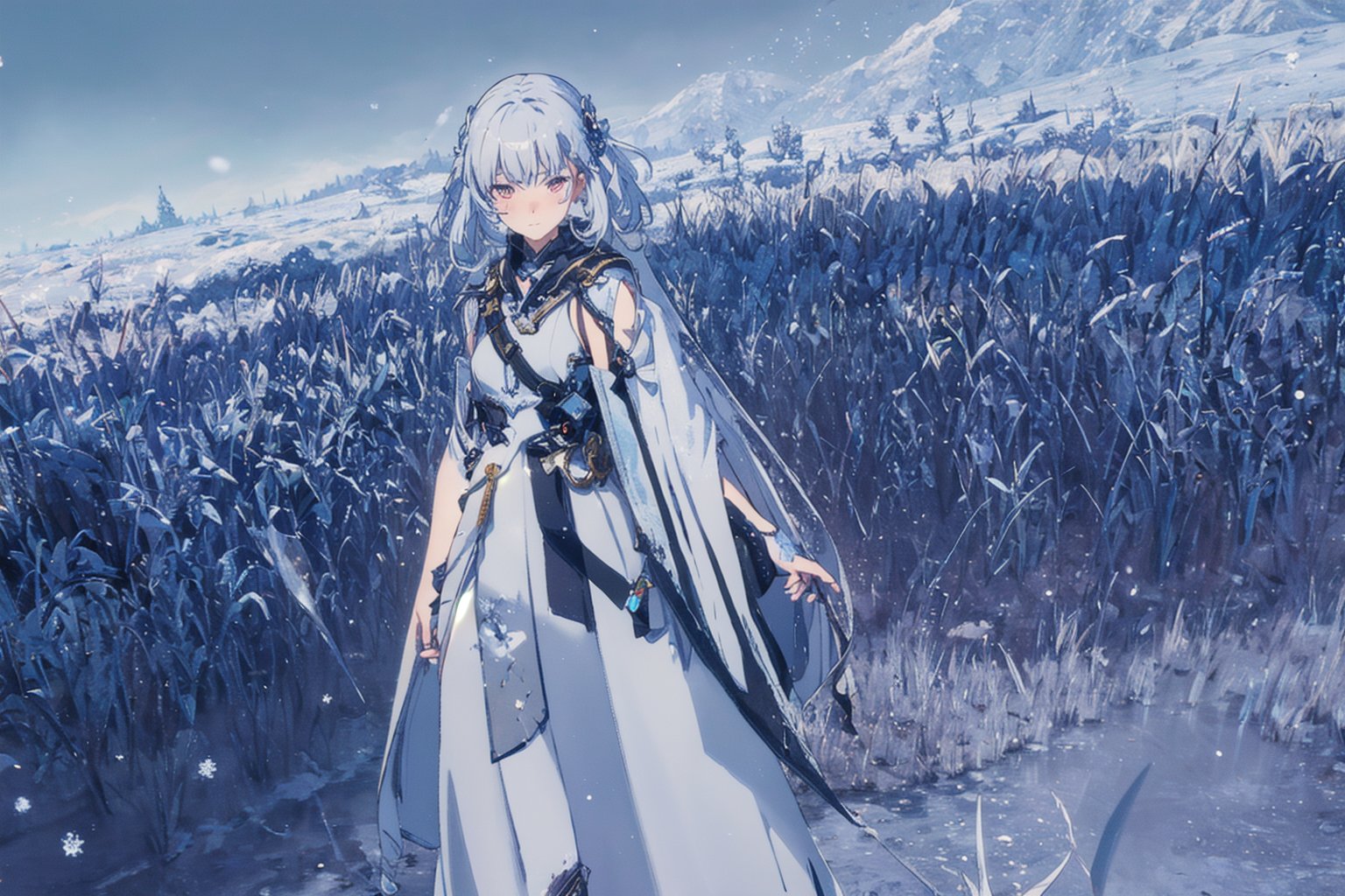 Jinhsi, 1girl, Solo, Long Silver Hair, Twin Tail Hairstyle , White Eyes, White Robe, Black Cloth, White Skirt, Long White boot, Blushing, walking, Cold wind effect, old city zone, snow season, battle field, ((Best quality)), ((masterpiece)), 3D, HDR (High Dynamic Range),Ray Tracing, NVIDIA RTX, Super-Resolution, Unreal 5,Subsurface scattering, PBR Texturing, Post-processing, Anisotropic Filtering, Depth-of-field, Maximum clarity and sharpness, Multi-layered textures, Albedo and Specular maps, Surface shading, Accurate simulation of light-material interaction, Perfect proportions, Octane Render, Two-tone lighting, Wide aperture, Low ISO, White balance, Rule of thirds,8K RAW, Aura, masterpiece, best quality, Mysterious expression, magical effects like sparkles or energy, flowing robes or enchanting attire, mechanic creatures or mystical background, rim lighting, side lighting, cinematic light, ultra high res, 8k uhd, film grain, best shadow, delicate, RAW, light particles, detailed skin texture, detailed cloth texture, beautiful face, (masterpiece), best quality, expressive eyes, perfect face,