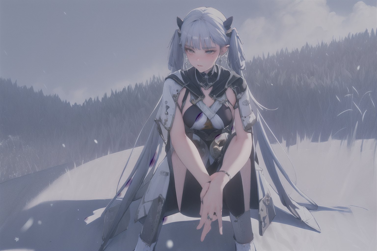 Jinhsi, 1girl, Solo, Long Silver Hair, Twin Tail Hairstyle , White Eyes, White Robe, Black Cloth, White Skirt, Long White boot, Blushing, Sit on the snow, Cow Boy Shot, Cold wind effect, old city zone, snow season, battle field, ((Best quality)), ((masterpiece)), 3D, HDR (High Dynamic Range),Ray Tracing, NVIDIA RTX, Super-Resolution, Unreal 5,Subsurface scattering, PBR Texturing, Post-processing, Anisotropic Filtering, Depth-of-field, Maximum clarity and sharpness, Multi-layered textures, Albedo and Specular maps, Surface shading, Accurate simulation of light-material interaction, Perfect proportions, Octane Render, Two-tone lighting, Wide aperture, Low ISO, White balance, Rule of thirds,8K RAW, Aura, masterpiece, best quality, Mysterious expression, magical effects like sparkles or energy, flowing robes or enchanting attire, mechanic creatures or mystical background, rim lighting, side lighting, cinematic light, ultra high res, 8k uhd, film grain, best shadow, delicate, RAW, light particles, detailed skin texture, detailed cloth texture, beautiful face, (masterpiece), best quality, expressive eyes, perfect face,