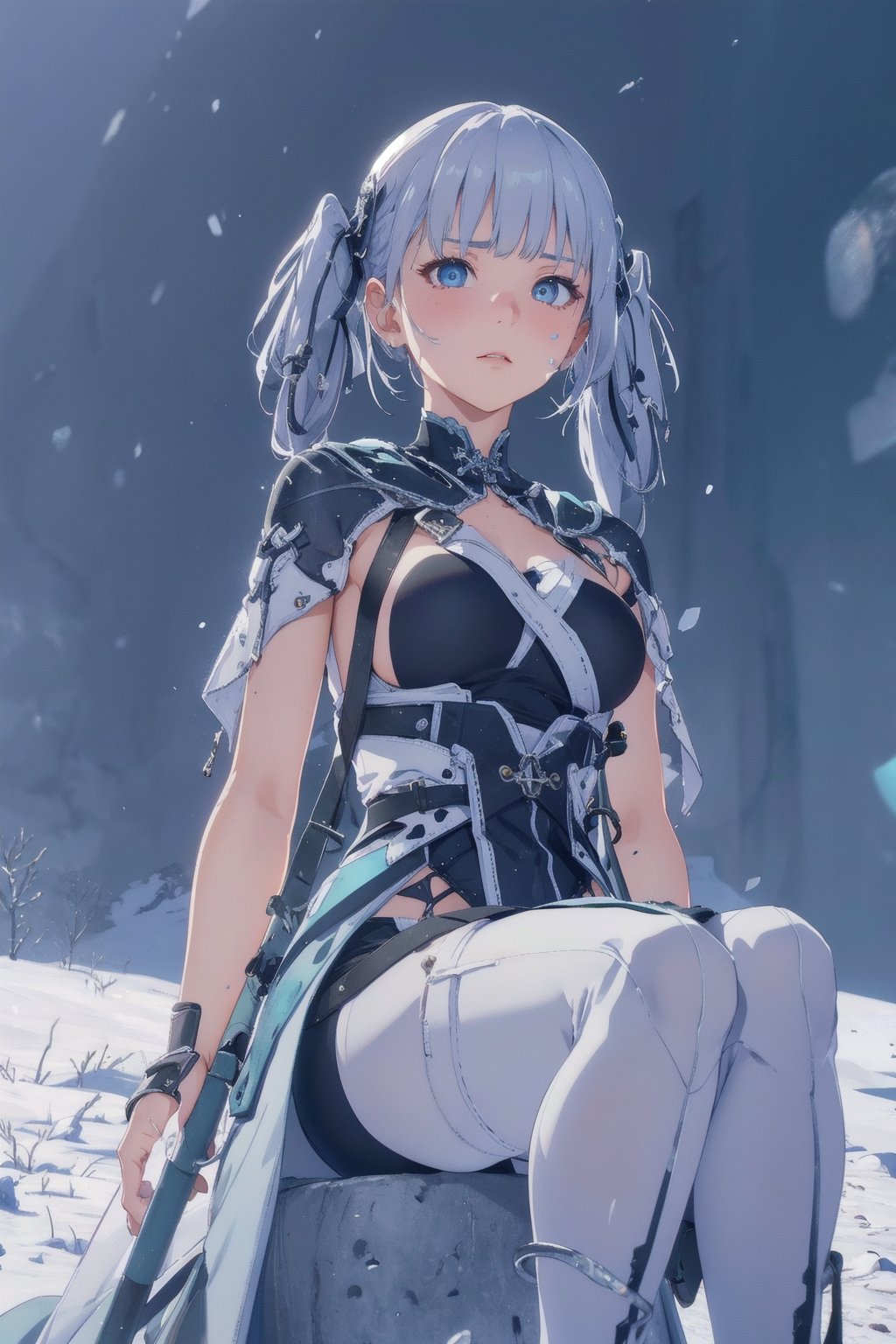 Jinhsi, 1girl, Solo, Long Silver Hair, Twin Tail Hairstyle , White Eyes, White Robe, Black Cloth, White Skirt, Long White boot, Blushing, Sit on the snow, Cow Boy Shot, Cold wind effect, old city zone, snow season, battle field, ((Best quality)), ((masterpiece)), 3D, HDR (High Dynamic Range),Ray Tracing, NVIDIA RTX, Super-Resolution, Unreal 5,Subsurface scattering, PBR Texturing, Post-processing, Anisotropic Filtering, Depth-of-field, Maximum clarity and sharpness, Multi-layered textures, Albedo and Specular maps, Surface shading, Accurate simulation of light-material interaction, Perfect proportions, Octane Render, Two-tone lighting, Wide aperture, Low ISO, White balance, Rule of thirds,8K RAW, Aura, masterpiece, best quality, Mysterious expression, magical effects like sparkles or energy, flowing robes or enchanting attire, mechanic creatures or mystical background, rim lighting, side lighting, cinematic light, ultra high res, 8k uhd, film grain, best shadow, delicate, RAW, light particles, detailed skin texture, detailed cloth texture, beautiful face, (masterpiece), best quality, expressive eyes, perfect face,