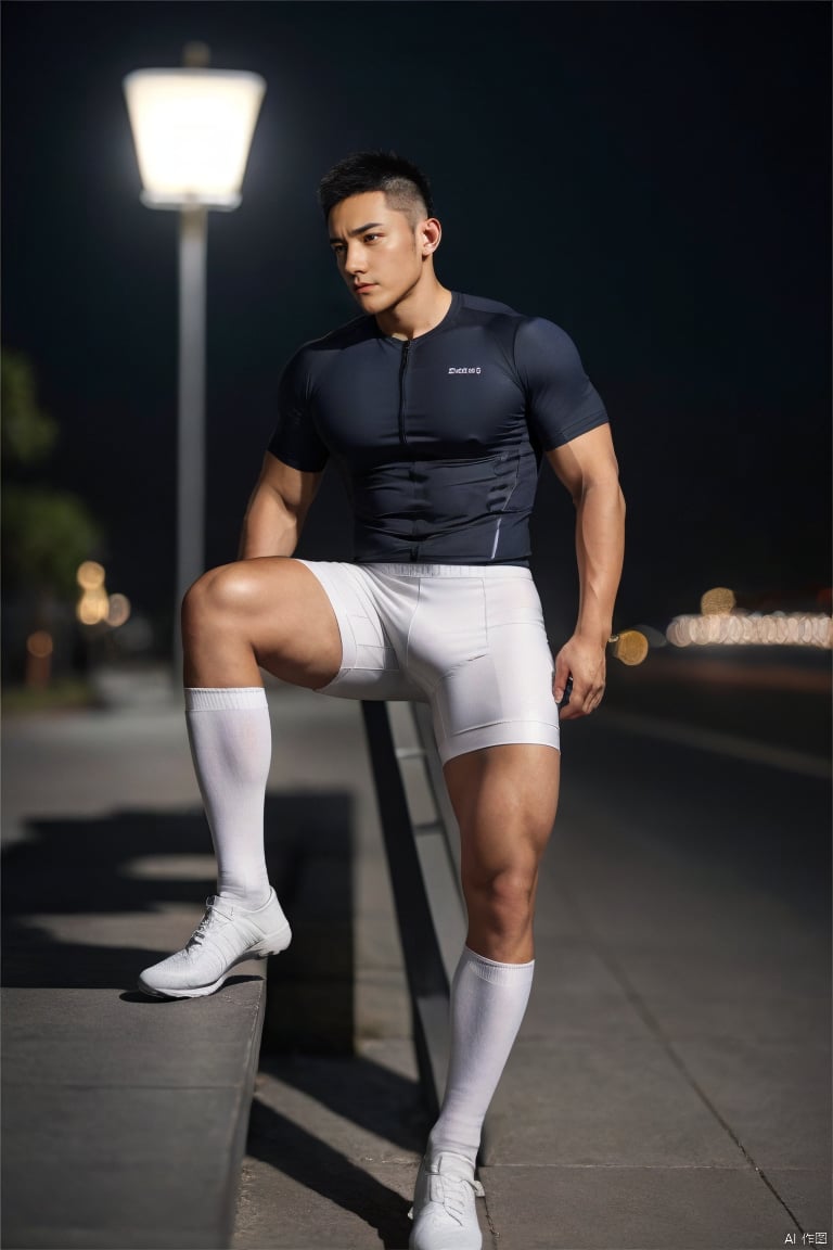 jzns,bikesuit, 1man, male focus,exquisite facial,handsome,charming eyes,solo,asian,short hair, black hair, outdoors, blurry, muscular,white tight short_sleeves,white bike shorts,kneehigh socks,kneehighs,footwear,moody lighting,blurry,at night, Bokeh, imposing, highly color focused, enchanted, flowing, beautiful detailed supreme quality color intricate,masterpiece, realistic, best quality, highly detailed,jm,ztg