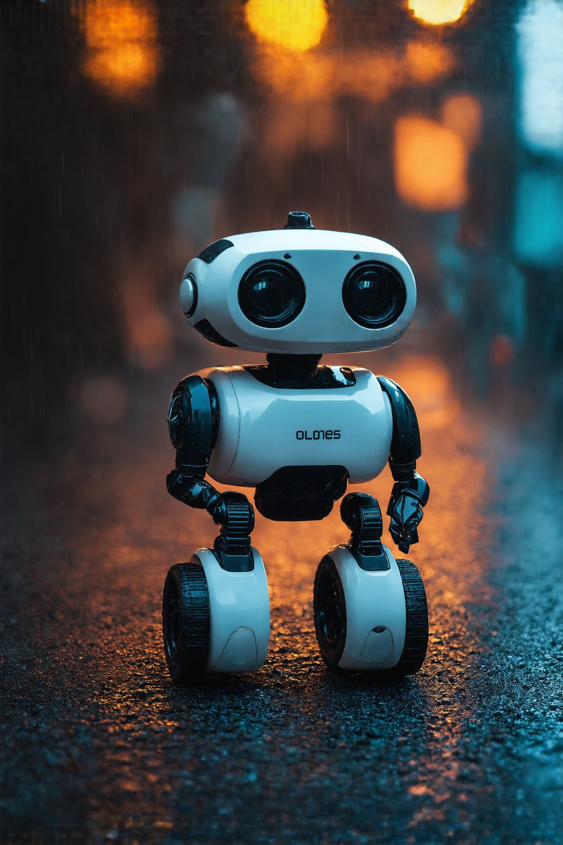 Small robot, cute robot, rectangular body, treaded wheels, compact head, expressive binocular-like eyes, sad and curious appearance, heartbreaking, cute, heavy rain, very sad, lonely, lost place, cyberpunk, desaturated, vibrant colors, dramatic lighting, desaturated background, bokeh, dark theme, soothing tones, depth of field, dramatic backlighting, film grain,