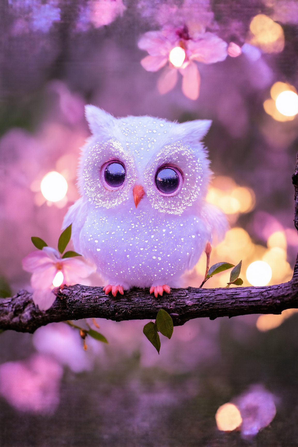 cuteness overload , neon pink and purple  glowing, fairy lights photography cute tiny transparent vivid ghostly little happy dreamy chibi owl baby filled with  detailed tiny sakura flowers inside fully transparent body, expressive glowing eyes,  on a tree  branch, leaves, spring  insanely detailed, anatomical, unmaterial, fairytale, fantasy,  water drops,  tender, soft pastel colors, soft natural  volumetric light,  atmospheric,  sharp focus, centered composition, complex background, soft haze, masterpiece. advntr