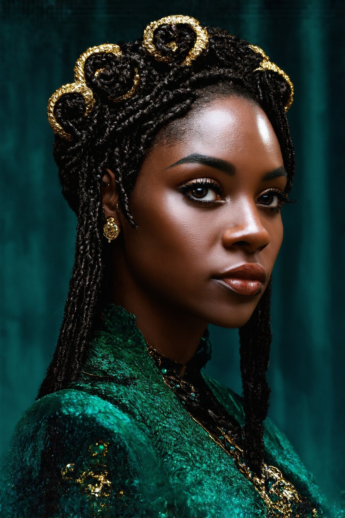  a regal black woman adorned with intricately woven Bantu knots and sleek, straight braids, reimagined in the opulent style of a 17th century French Queen, set against a rich, velvety background of deep, jewel-toned blues and emerald greens, with delicate golden accents and subtle, luminous highlights on her dark, radiant skin, evoking a sense of luxury, power, and refined sophistication, while her piercing brown eyes seem to hold a deep wisdom and quiet strength.

