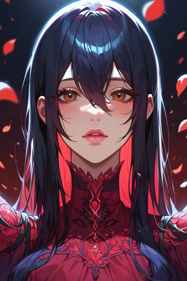 score_9, score_8_up, score_7_up, best quality, very aesthetic, 8k UHD, anime_screencap, 1girl, solo, looking at viewer, long hair, bangs, straight hair, dark brown eyes, black hair, hair between eyes, blush, red petals, portrait, pink lips, close up, red intricate dress, dark background, particle effects