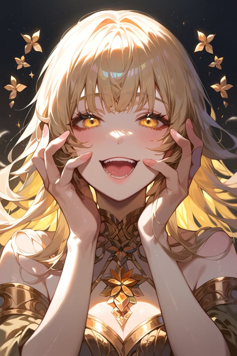 score_9, score_8_up, score_7_up, masterpiece, best quality, very aesthetic, absurdres, 1girl, solo, looking at viewer, long hair, bangs, yellow eyes, yandere, hands on face, smile, open mouth, blond hair, portrait, happy, close up, golden intricate dress, dark background, detailed illustration, particle effects