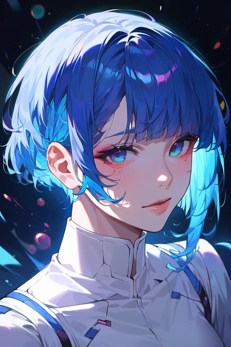 score_9, score_8_up, score_7_up, source_anime, (masterpiece, best quality, high quality, very aesthetic, absurdres), 1girl, solo, looking at viewer, short hair, bob haircut, bangs, blue eyes, white shirt with black lining on the edges, blue hair, bokeh, makeup, portrait, red lips, cyberpunk, close up, dark background, particle effects, detailed illustration