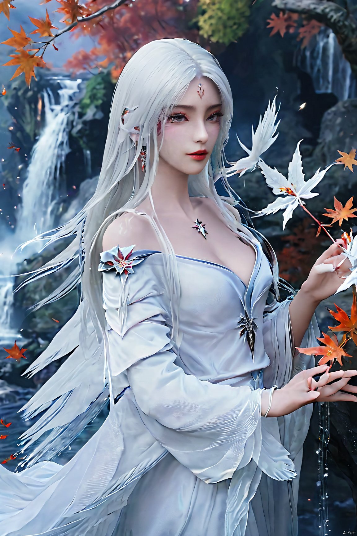 (masterpiece,best quality),1girl, solo, long hair, (big breasts:1.29), looking at viewer, dress, bare shoulders, jewelry, white hair, earrings, detached sleeves, wings, necklace, white dress, lips, tiara,Xtianhuxiaobai,Maple leaves, flowers,waterfalls, volcanoes,