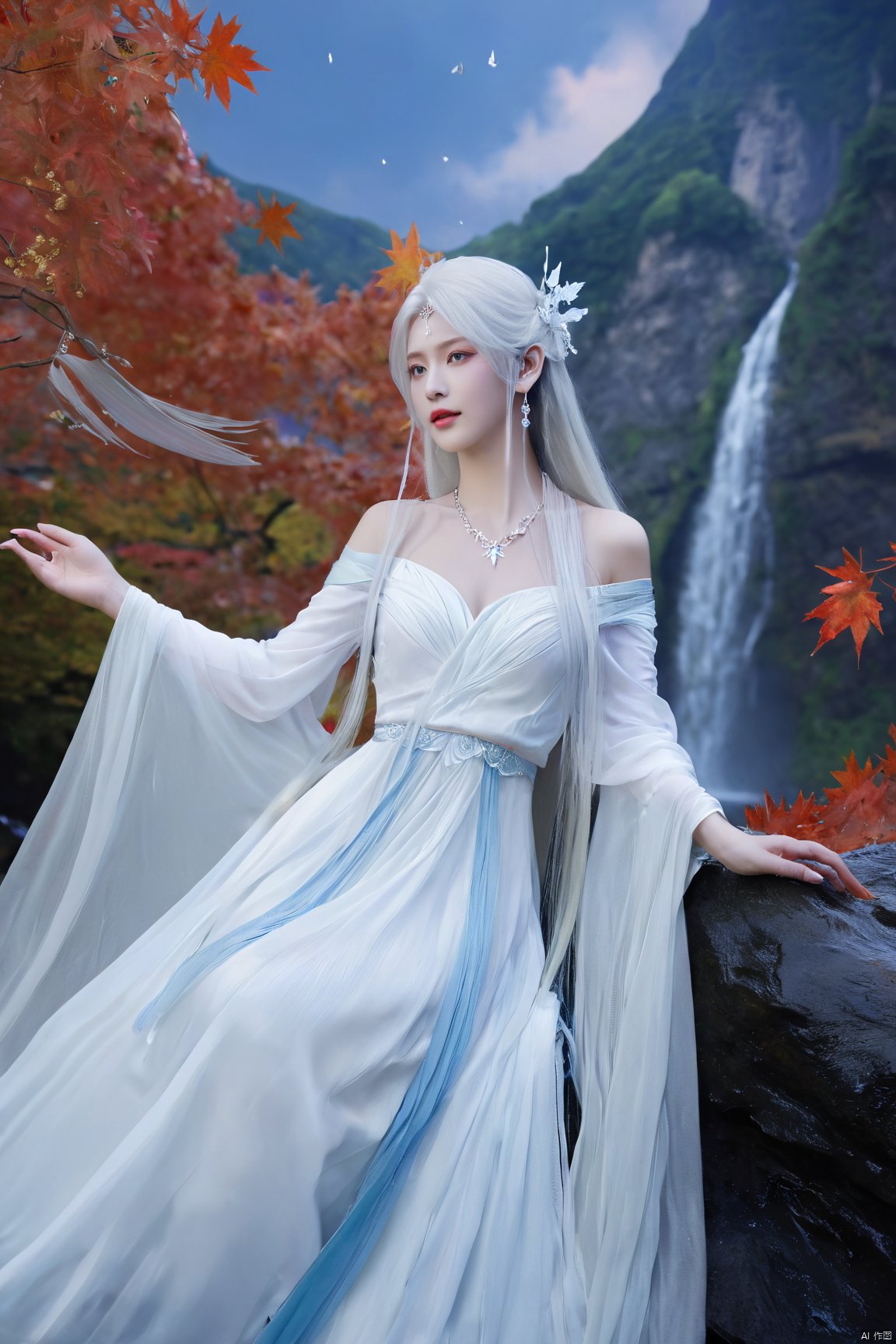 (masterpiece,best quality),1girl, solo, long hair, (big breasts:1.29), looking at viewer, dress, bare shoulders, jewelry, white hair, earrings, detached sleeves, wings, necklace, white dress, lips, tiara,Xtianhuxiaobai,Maple leaves, flowers,waterfalls, volcanoes,