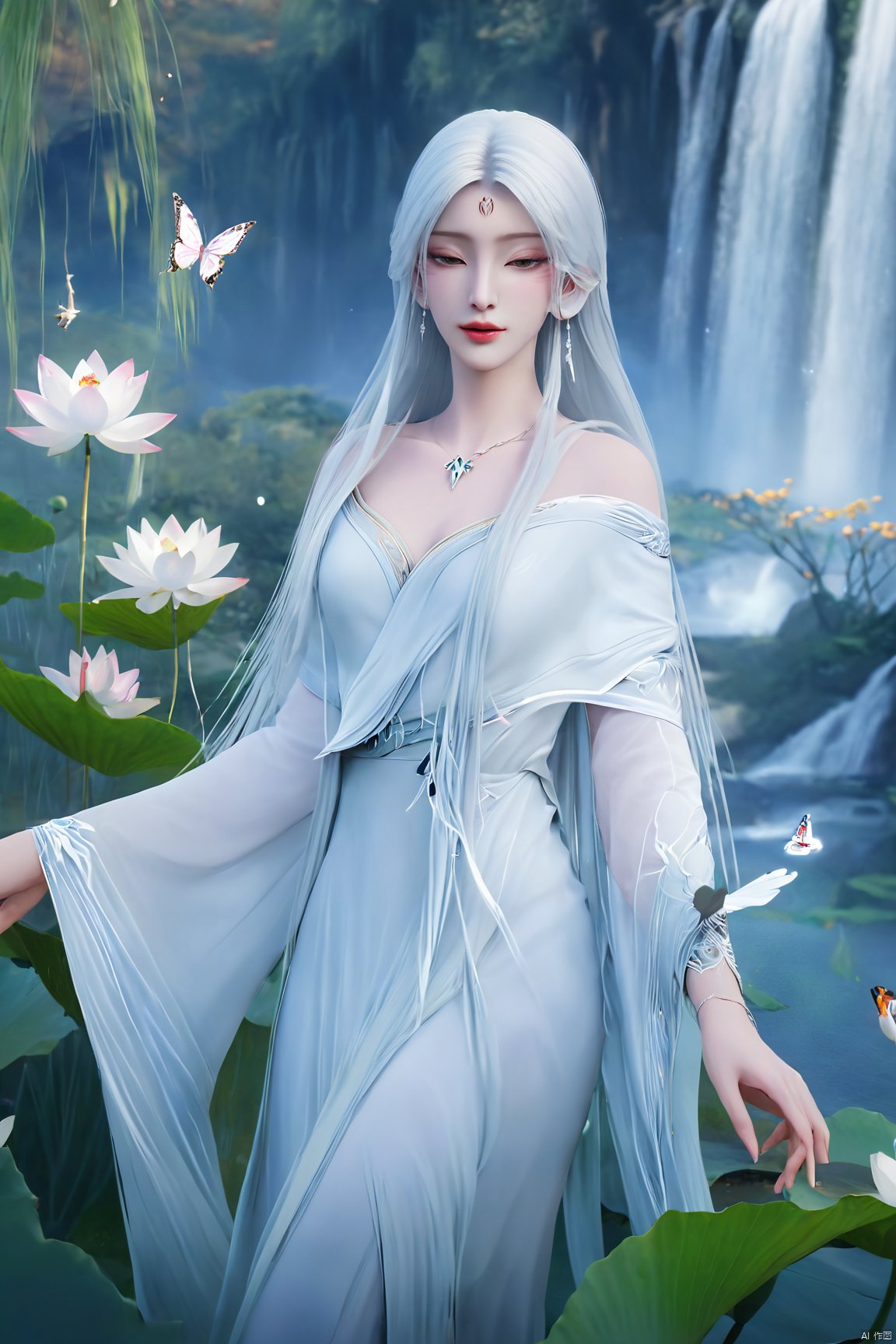 masterpiece,(best quality),official art,(extremely delicate and beautiful),,1girl, solo, long hair, (big breasts:1.29), looking at viewer, dress, bare shoulders, jewelry, white hair, earrings, detached sleeves, wings, necklace, white dress, lips, tiara,facial mark,Xtianhuxiaobai,(flowers,Waterfall, lotus, willow, butterfly:1.23),