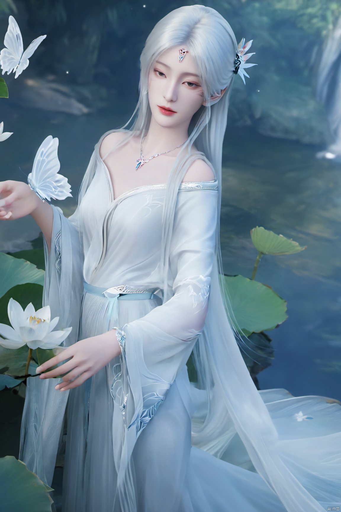 masterpiece,(best quality),official art,(extremely delicate and beautiful),,1girl, solo, long hair, (big breasts:1.39), looking at viewer, dress, bare shoulders, jewelry, white hair, earrings, detached sleeves, wings, necklace, white dress, lips, tiara,facial mark,Xtianhuxiaobai,(flowers,Waterfall, lotus, willow, butterfly:1.23),