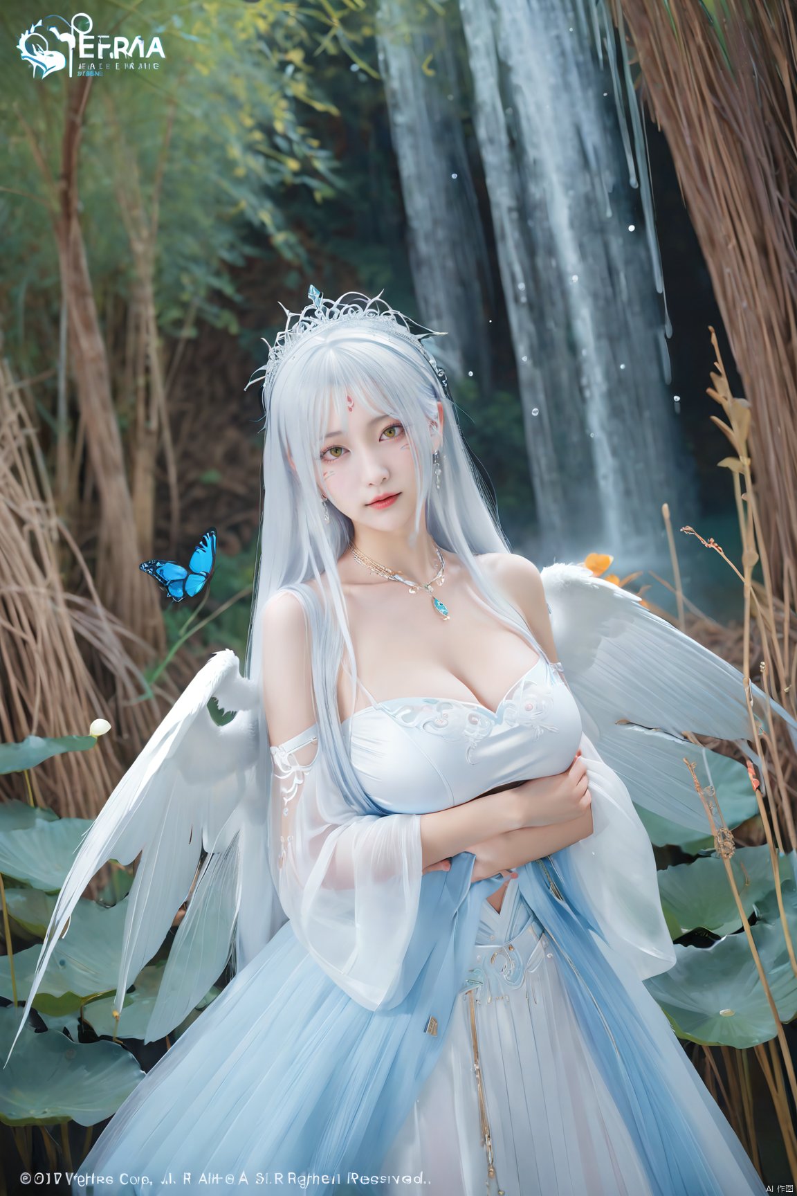 masterpiece,(best quality),official art,(extremely delicate and beautiful),,1girl, solo, long hair, (big breasts:1.3), looking at viewer, dress, bare shoulders, jewelry, white hair, earrings, detached sleeves, wings, necklace, white dress, lips, tiara,facial mark,Xtianhuxiaobai,(flowers,Waterfall, lotus, willow, butterfly:1.23),