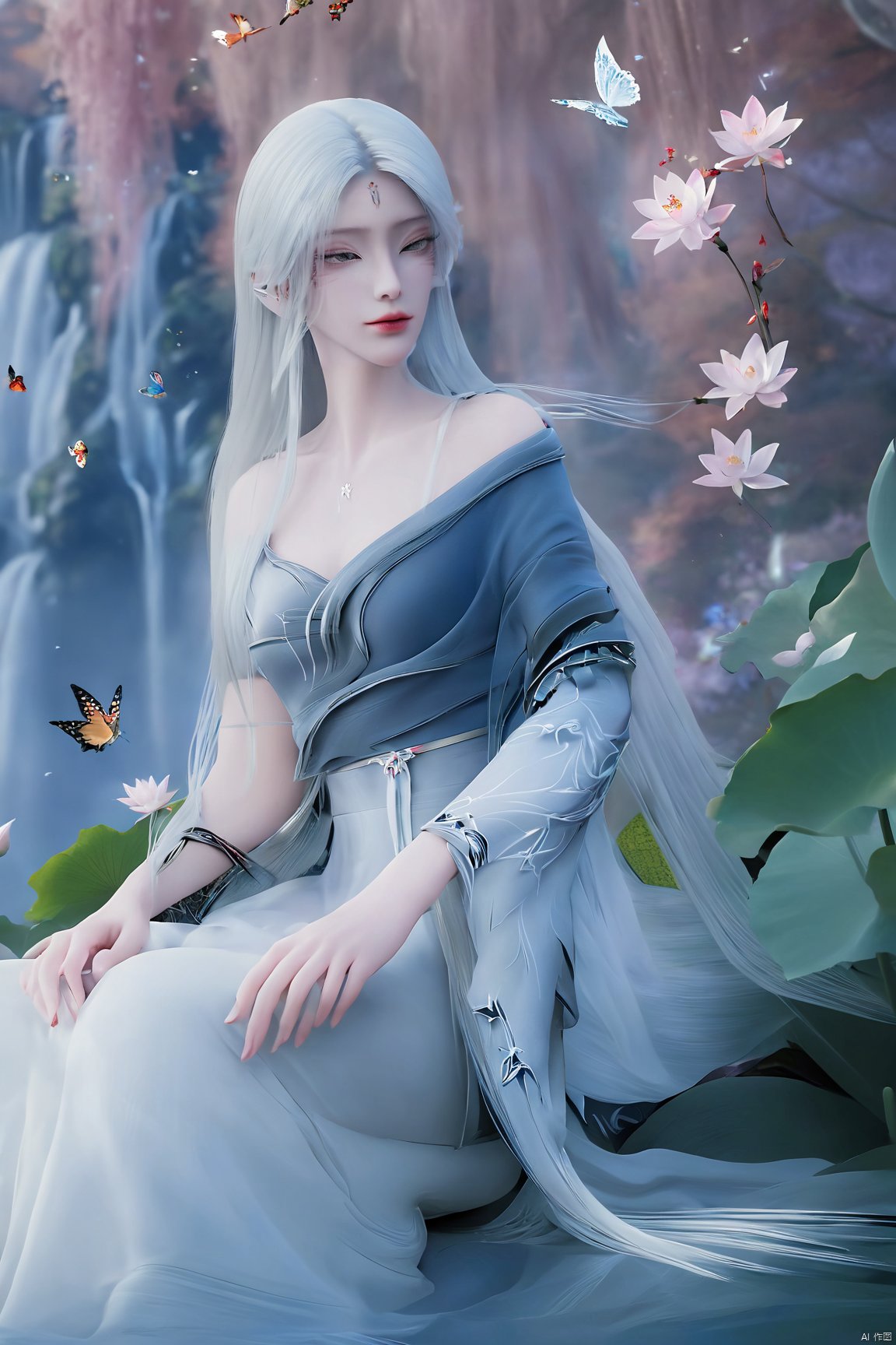 masterpiece,(best quality),official art,(extremely delicate and beautiful),,1girl, solo, long hair, (big breasts:1.39), looking at viewer, dress, bare shoulders, jewelry, white hair, earrings, detached sleeves, wings, necklace, white dress, lips, tiara,facial mark,Xtianhuxiaobai,(flowers,Waterfall, lotus, willow, butterfly:1.23),