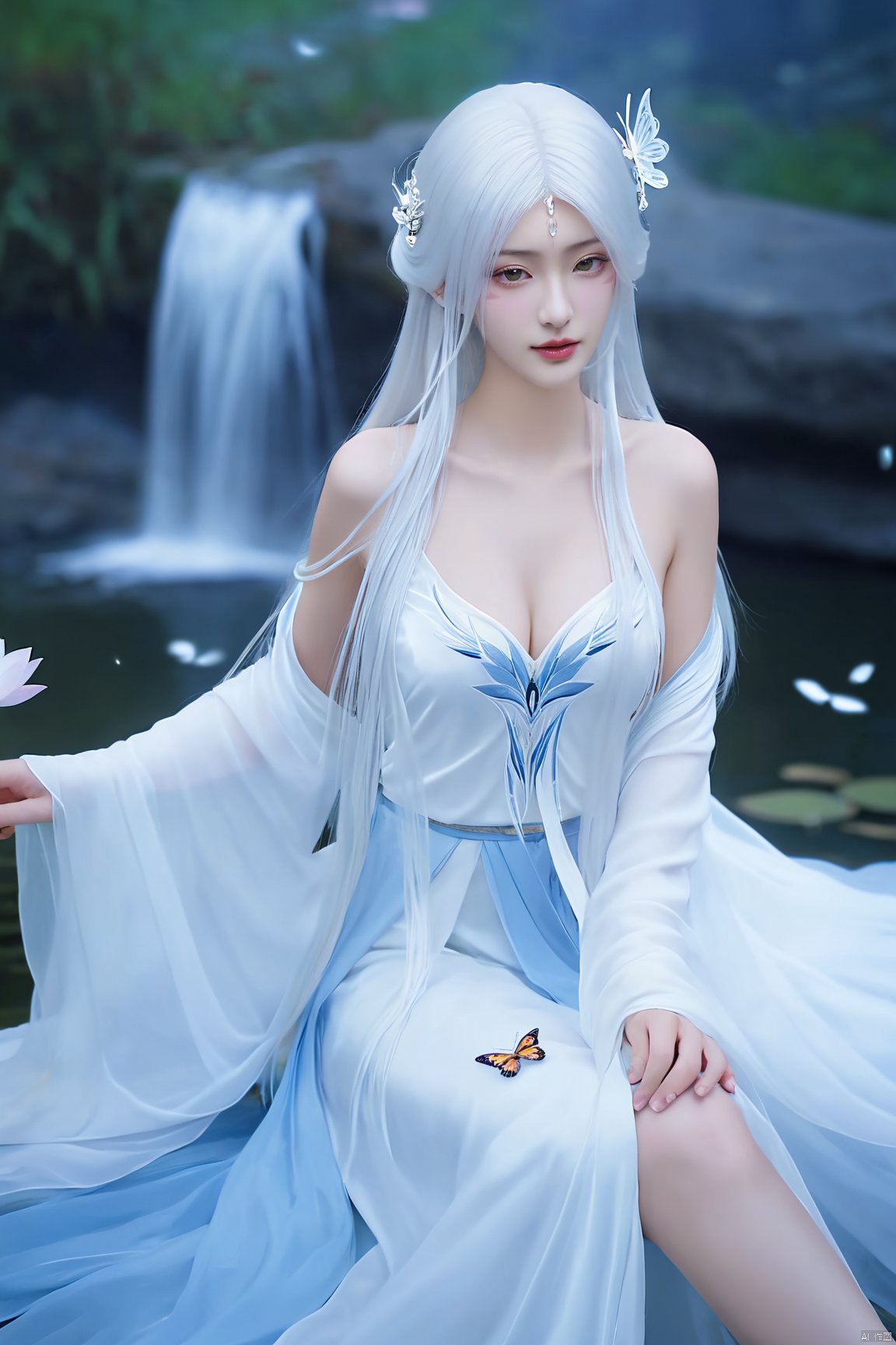 masterpiece,(best quality),official art,(extremely delicate and beautiful),,1girl, solo, long hair, (big breasts:1.29), looking at viewer, dress, bare shoulders, jewelry, white hair, earrings, detached sleeves, wings, necklace, white dress, lips, tiara,facial mark,Xtianhuxiaobai,(flowers,Waterfall, lotus, willow, butterfly:1.23),