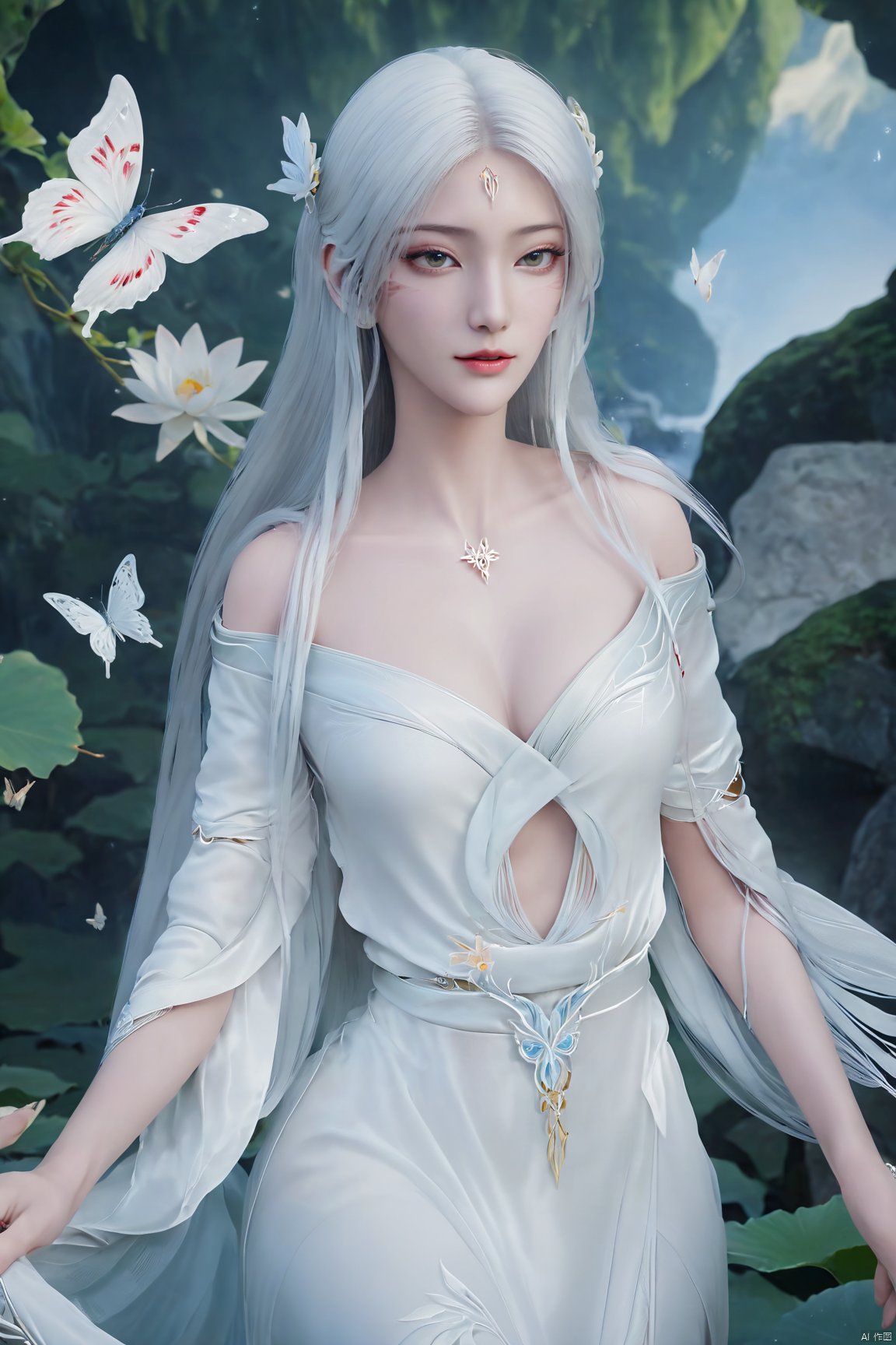 masterpiece,(best quality),official art,(extremely delicate and beautiful),,1girl, solo, long hair, (big breasts:1.29), looking at viewer, dress, bare shoulders, jewelry, white hair, earrings, detached sleeves, wings, necklace, white dress, lips, tiara,facial mark,Xtianhuxiaobai,(flowers,Waterfall, lotus, willow, butterfly:1.23),