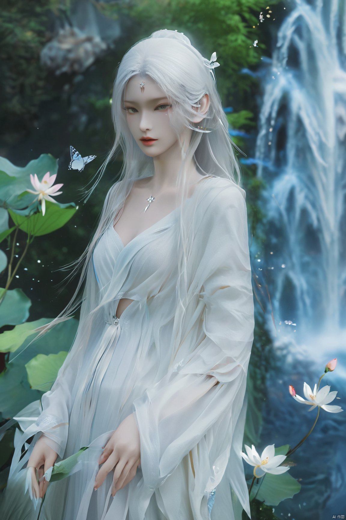 masterpiece,(best quality),official art,(extremely delicate and beautiful),,1girl, solo, long hair, (big breasts:1.29), looking at viewer, dress, bare shoulders, jewelry, white hair, earrings, detached sleeves, wings, necklace, white dress, lips, tiara,facial mark,Xtianhuxiaobai,(flowers,Waterfall, lotus, willow, butterfly:1.23),