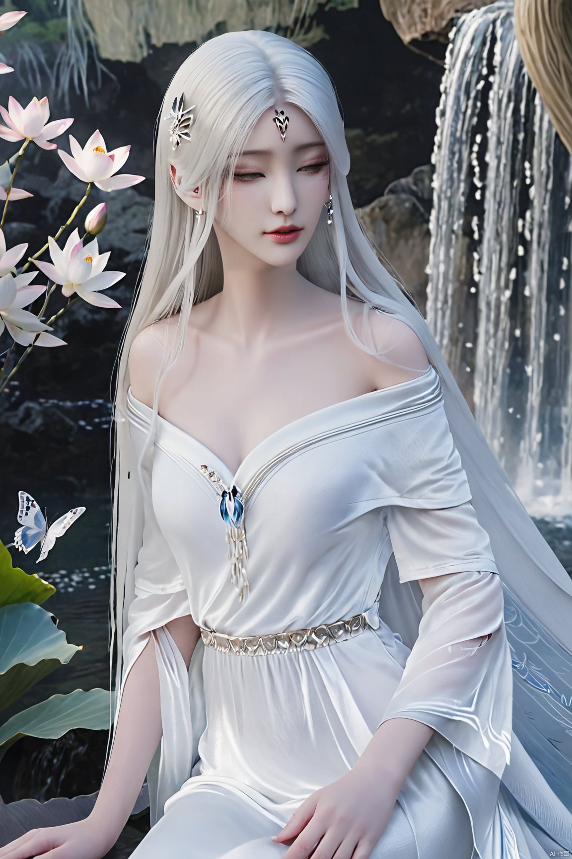 masterpiece,(best quality),official art,(extremely delicate and beautiful),,1girl, solo, long hair, (big breasts:1.39), looking at viewer, dress, bare shoulders, jewelry, white hair, earrings, detached sleeves, wings, necklace, white dress, lips, tiara,facial mark,Xtianhuxiaobai,(flowers,Waterfall, lotus, willow, butterfly:1.23),