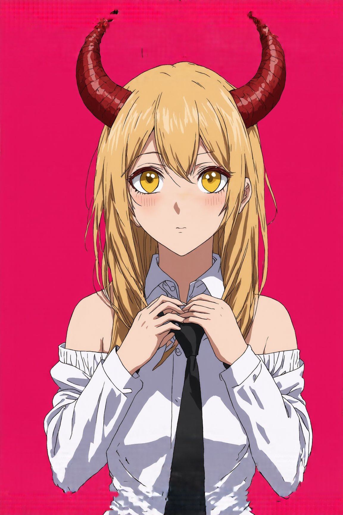 In a vibrant pink background, a striking 1-girl hyper-detailed anime scene unfolds. The blonde-haired heroine stands solo, her long hair framing her heart-shaped face as she gazes directly at the viewer with piercing yellow eyes. A white shirt with an off-shoulder design showcases her toned physique, paired with a collared shirt and black necktie that add to her formal attire. A pair of demon horns protrude from her forehead, their shapes mirroring those of her symbol-shaped pupils. The scene is set against a backdrop of fiery red hues, where the heroine's blue jacket is partially removed, revealing her toned arms and torso. Her hand gently rests on her own face, as if lost in thought, while red horns sprout from her head, their cross-shaped pupils glinting with an otherworldly intensity.
BREAK 
(rule of thirds:1.3),perfect composition,trending on artstation,(thick and clear drawing lines:1.3),(masterpiece,best quality,32K,UHD,sharp focus,high contrast,hyper-detailed,intricate details,ultra-clear,cinematic lighting,vivid colors:1.5),ek_ani_b00ster,ek_art_b00ster