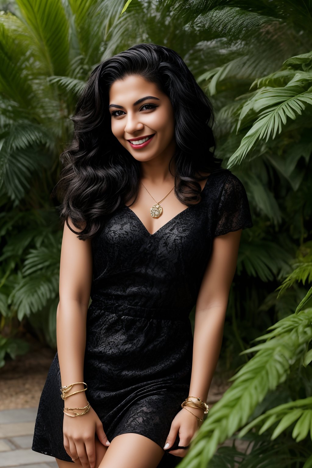 1girl, solo, long hair, looking at viewer, smile, black hair, dress, jewelry, short sleeves, bracelet, lips, plant, realistic