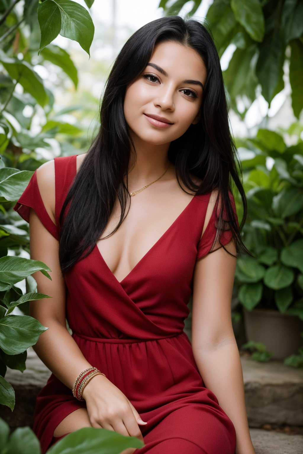 Raw photo, shot on iphone, A serene young woman with long, raven-black hair cascading down, gazes directly into the camera lens, a warm smile spreading across her lips. She wears a flowing red dress with short sleeves, adorned with delicate jewelry, including a statement bracelet. A lush green plant sits beside her, its leaves rustling gently in the subtle lighting, as she presents herself in a relaxed, yet captivating pose.