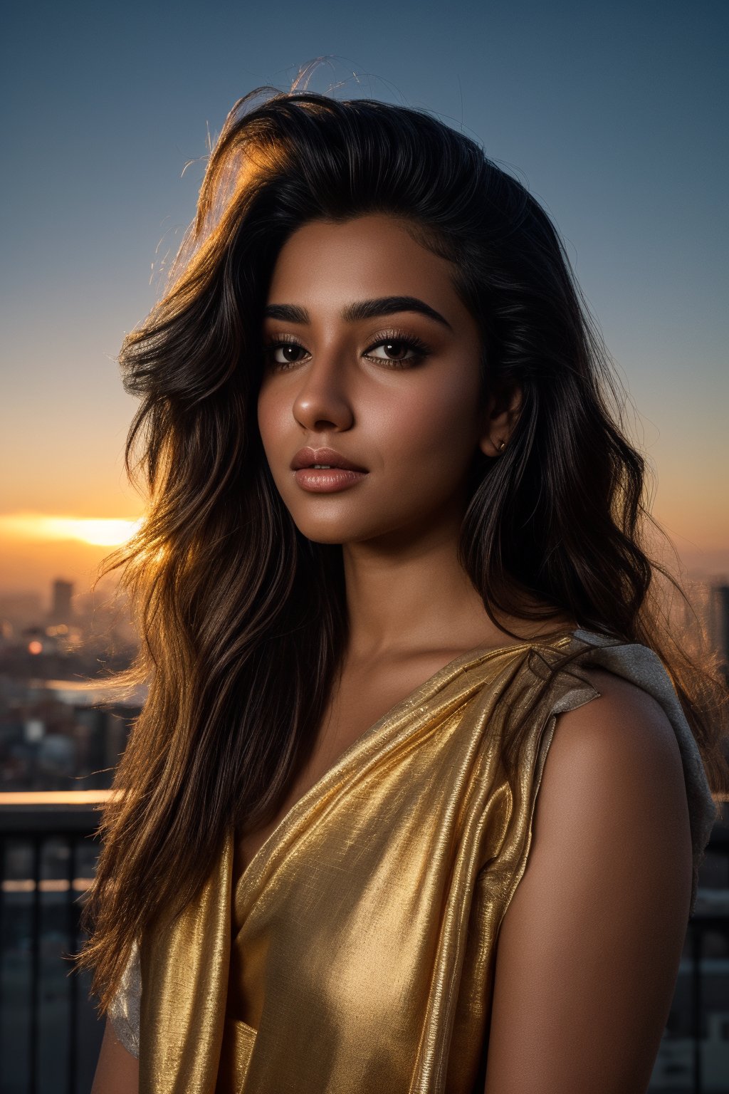 Mallu: A stunning beauty with luscious locks and radiant skin posing confidently against a sleek, modern cityscape backdrop at sunset, as warm golden light casts long shadows across her face, highlighting the soft curves of her features. Create text "Mallu" 