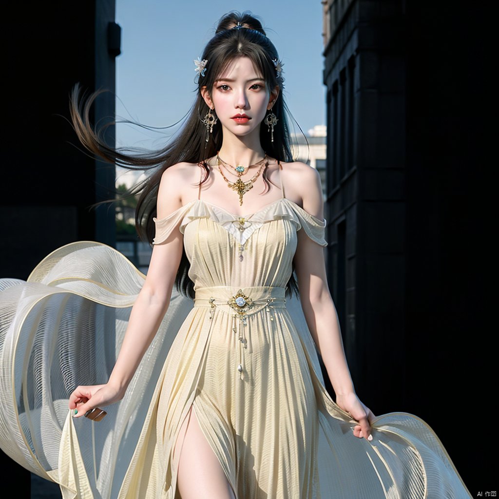  1girl,Bangs, off shoulder, colorful_hair, ((colorful hair)),golden dress, yellow eyes, chest, necklace, pink dress, earrings, floating hair, jewelry, sleeveless, very long hair,Looking at the observer, parted lips, pierced,energy,electricity,magic,tifa,sssr,blonde hair,jujingyi, wangyushan, dofas