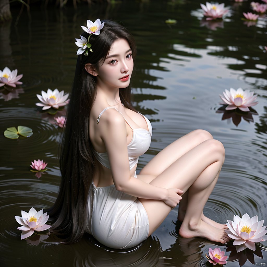 1girl, bare shoulders, bare tree, branch, breasts, cherry blossoms, cleavage, dress, falling petals, flower, full moon, hair flower, jewelry, lily \(flower\), lily pad, long hair, looking at viewer, lotus, medium breasts, moon