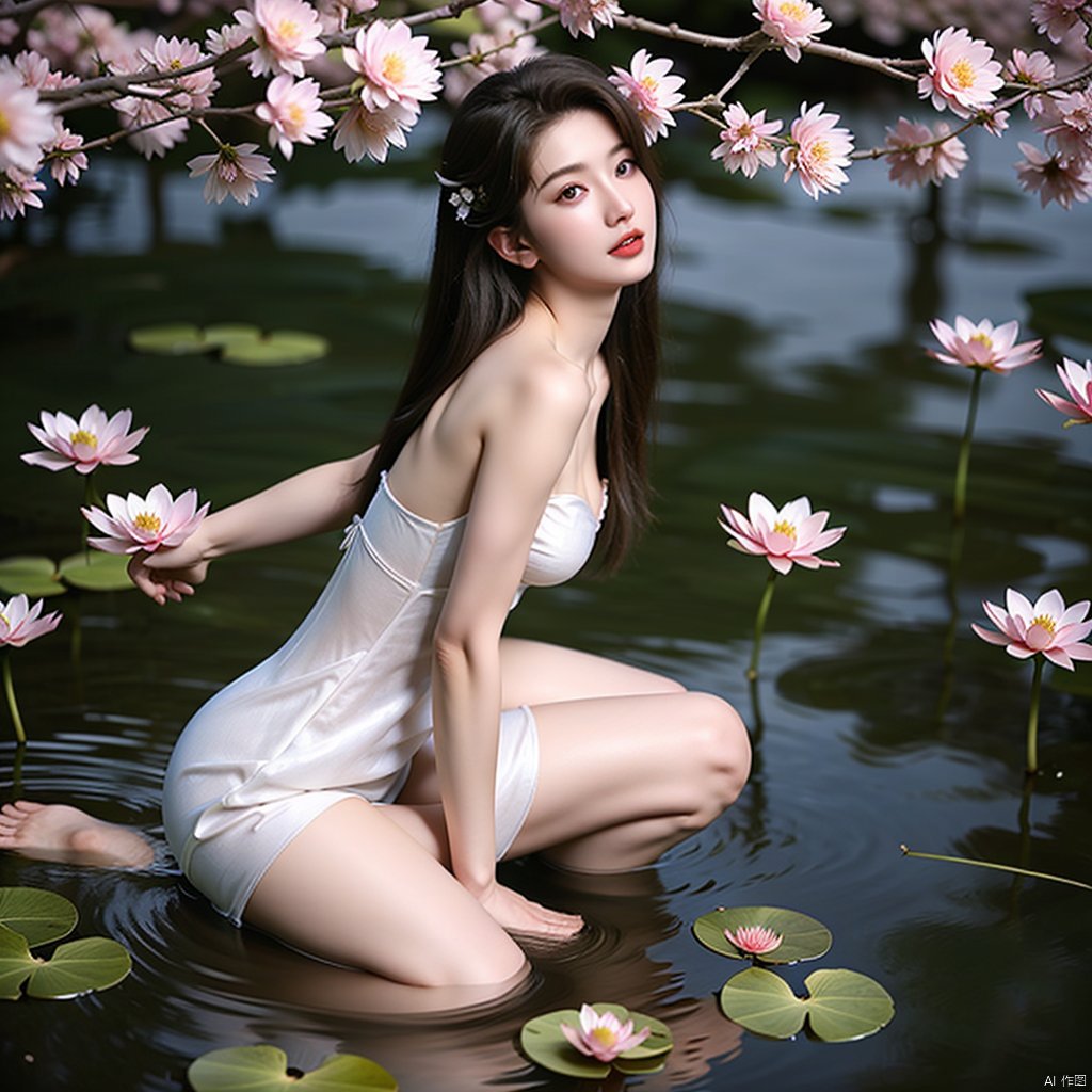 1girl, bare shoulders, bare tree, branch, breasts, cherry blossoms, cleavage, dress, falling petals, flower, full moon, hair flower, jewelry, lily \(flower\), lily pad, long hair, looking at viewer, lotus, medium breasts, moon