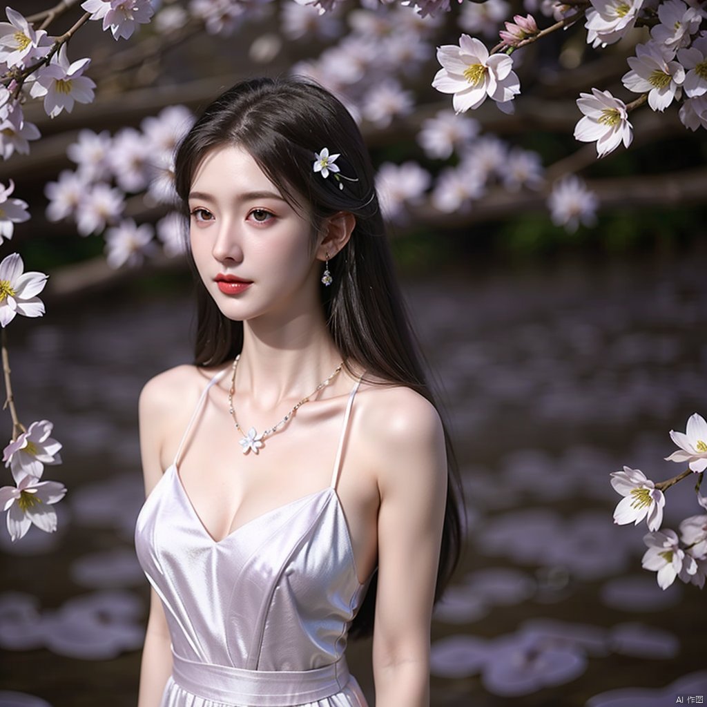 1girl, bare shoulders, bare tree, branch, breasts, cherry blossoms, cleavage, dress, falling petals, flower, full moon, hair flower, jewelry, lily \(flower\), lily pad, long hair, looking at viewer, lotus, medium breasts, moon, necklace, night, outdoors, petals, petals on liquid, pink flower, purple eyes, purple hair, solo, spring \(season\), standing, tree, very long hair, wading, water, wet, white flower, wisteria,(purple girl),