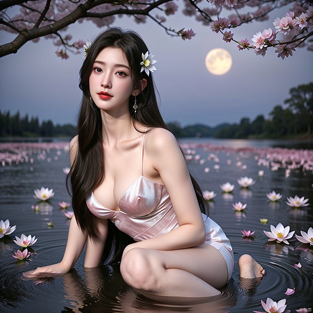 1girl, bare shoulders, bare tree, branch, breasts, cherry blossoms, cleavage, dress, falling petals, flower, full moon, hair flower, jewelry, lily \(flower\), lily pad, long hair, looking at viewer, lotus, medium breasts, moon