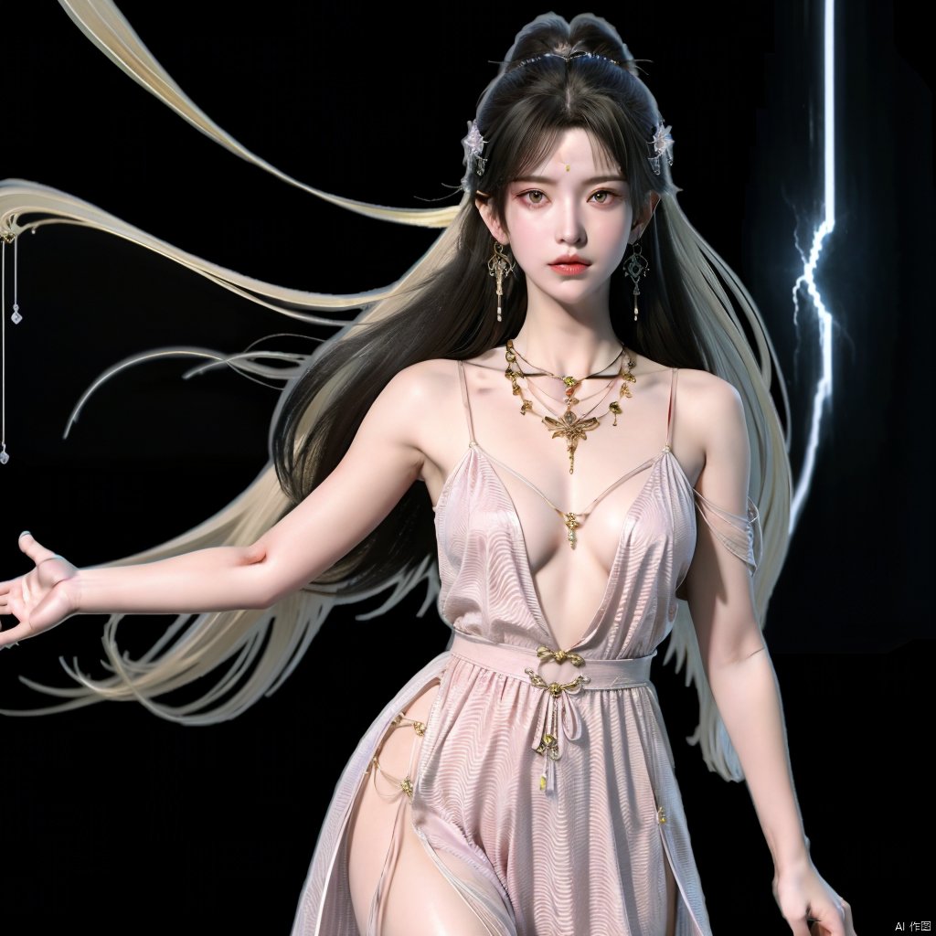  1girl,Bangs, off shoulder, colorful_hair, ((colorful hair)),golden dress, yellow eyes, chest, necklace, pink dress, earrings, floating hair, jewelry, sleeveless, very long hair,Looking at the observer, parted lips, pierced,energy,electricity,magic,tifa,sssr,blonde hair,jujingyi, wangyushan, dofas