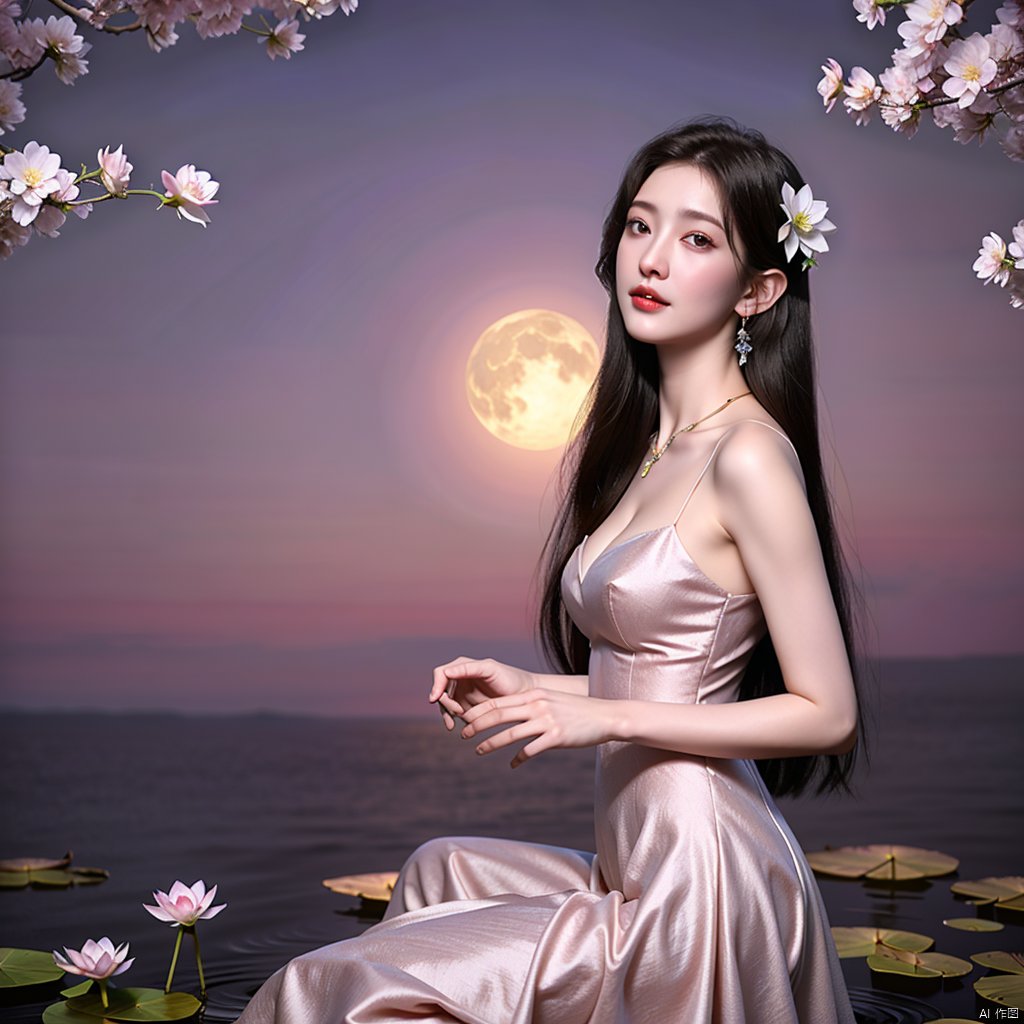 1girl, bare shoulders, bare tree, branch, breasts, cherry blossoms, cleavage, dress, falling petals, flower, full moon, hair flower, jewelry, lily \(flower\), lily pad, long hair, looking at viewer, lotus, medium breasts, moon