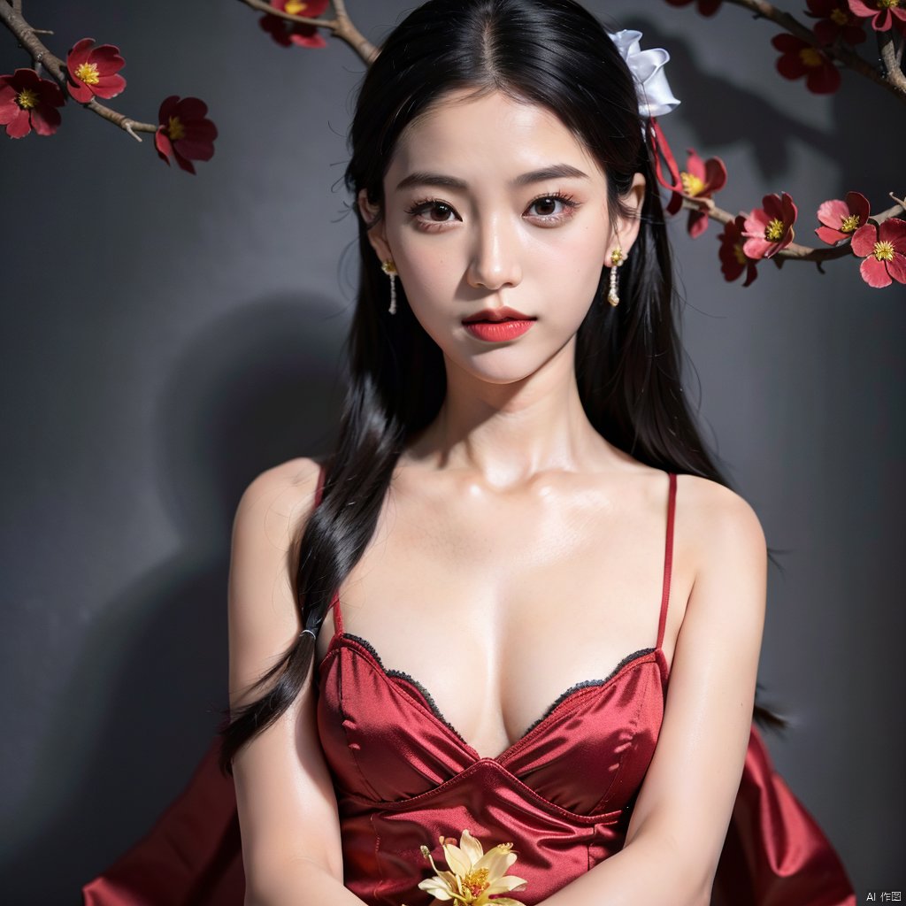 1girl, solo, long hair, black hair, hair accessories, jewelry, closed mouth, upper body, flowers, earrings, blur, side, eyelashes, side, makeup, red background, Chinese costume, red flowers, fringe, branch, red lips, fringe earrings, fruit grain, no hand, very beautiful, masterpiece, best quality, super detail, animation style, key vision, 1 girl