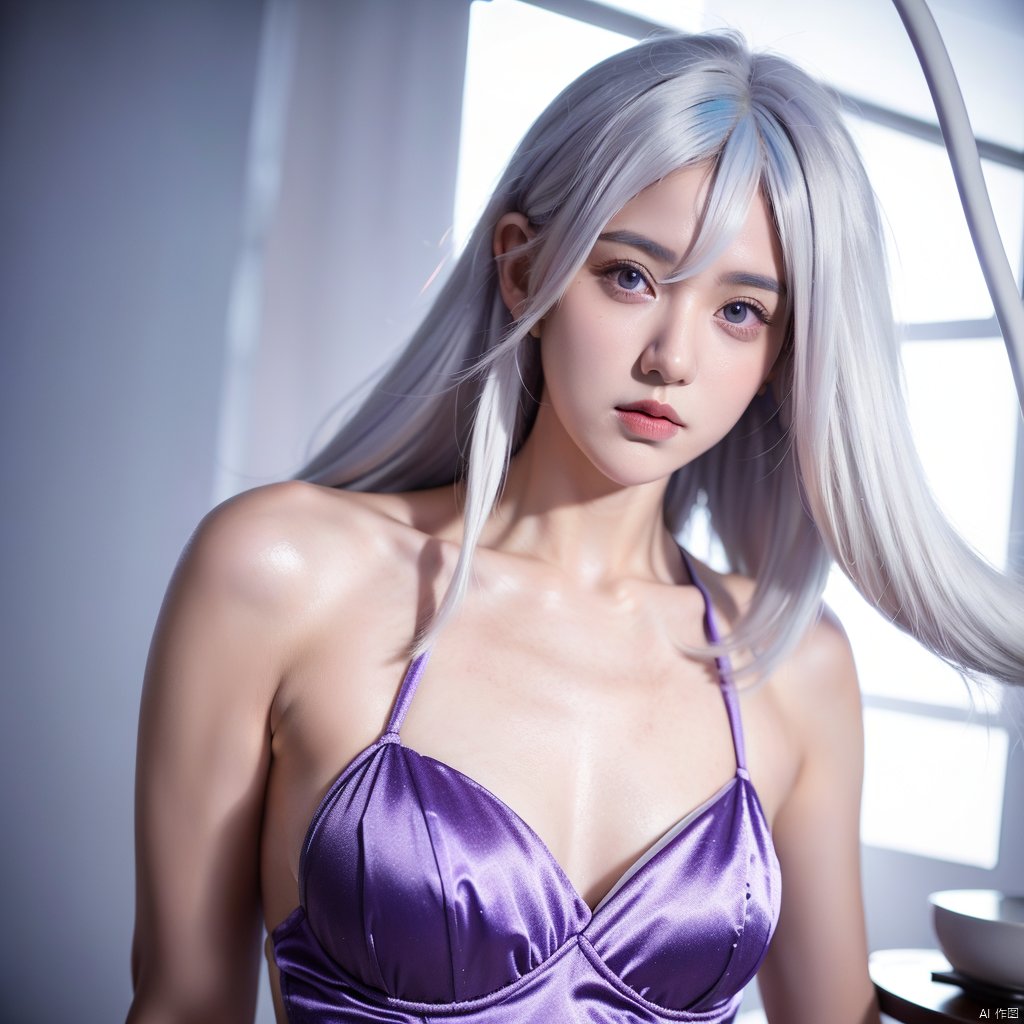  1 girl, (medium hair:1.2) | (messy hair:0.8) | (hair intakes:1.1), (white hair:1.3) | (light blue hair:1.2), ahoge | (x-shaped ornament:1.1), (purple eyes),whole body