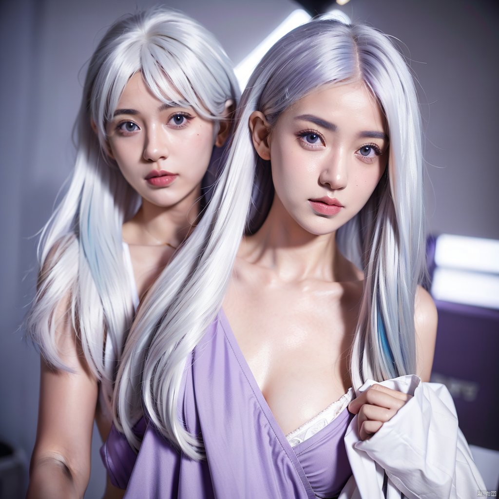  1 girl, (medium hair:1.2) | (messy hair:0.8) | (hair intakes:1.1), (white hair:1.3) | (light blue hair:1.2), ahoge | (x-shaped ornament:1.1), (purple eyes),