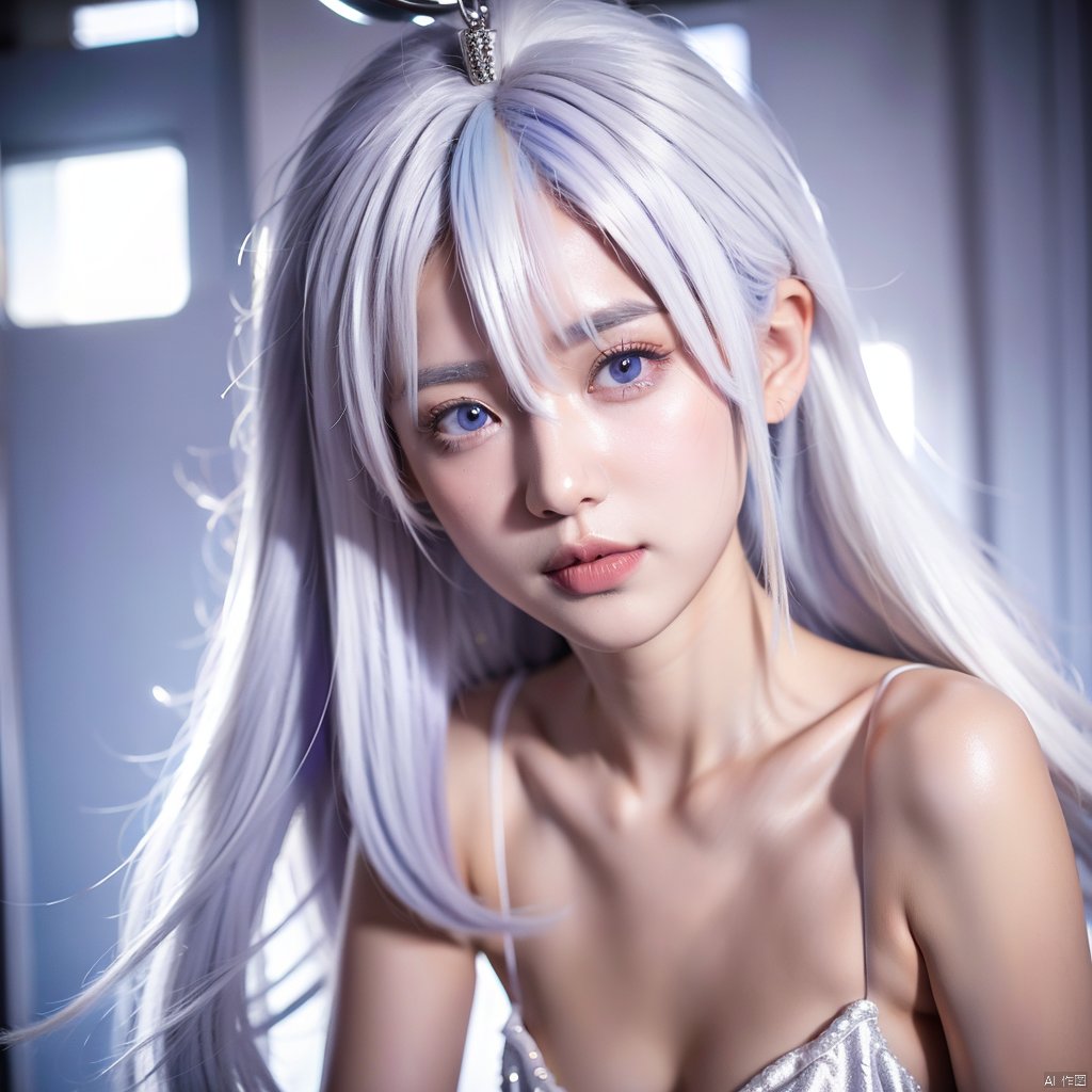  1 girl, (medium hair:1.2) | (messy hair:0.8) | (hair intakes:1.1), (white hair:1.3) | (light blue hair:1.2), ahoge | (x-shaped ornament:1.1), (purple eyes),whole body