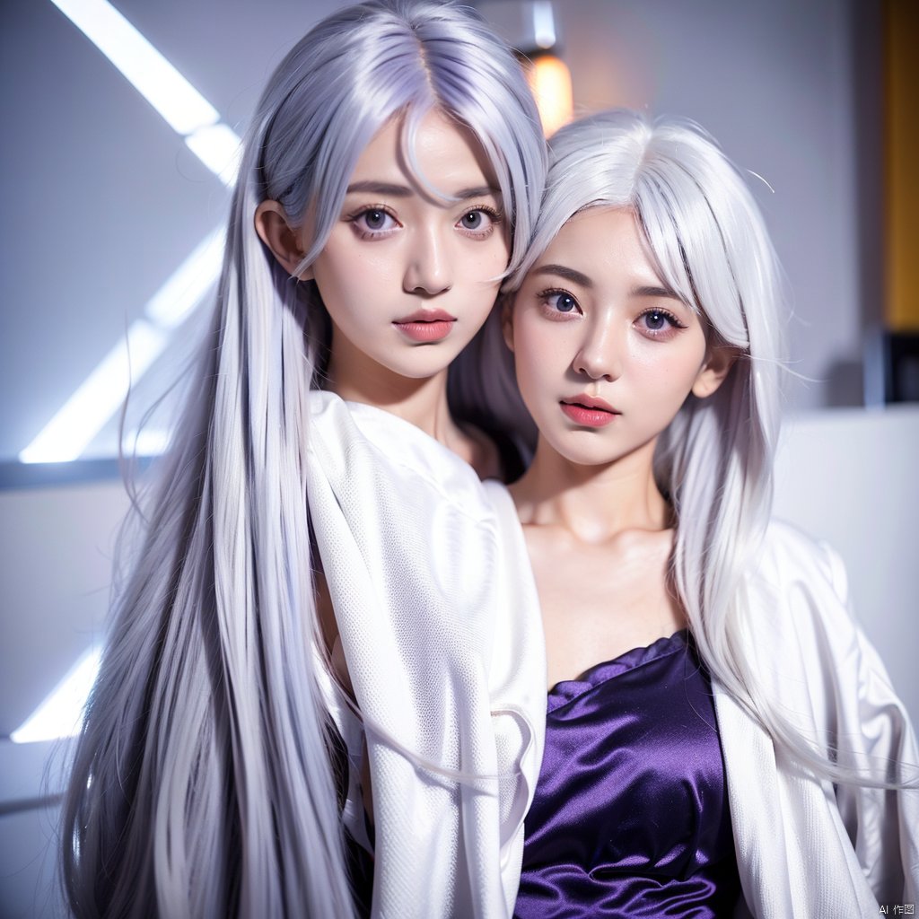  1 girl, (medium hair:1.2) | (messy hair:0.8) | (hair intakes:1.1), (white hair:1.3) | (light blue hair:1.2), ahoge | (x-shaped ornament:1.1), (purple eyes),