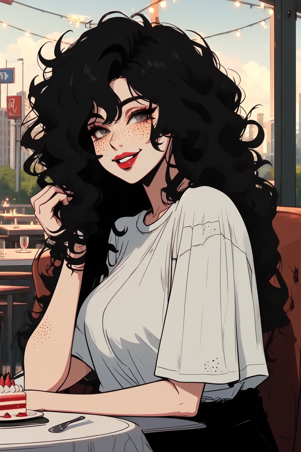 (extremely detailed face) (solo)

Long hair, gray eyes, black hair, lips, curly hair, big hair, hair down, freckles, lips,

(Oversized clothes,oversized white t-shirt)

Outdoors, restaurant

(sitting at table, light smile, puckered lips,upper body, looking at viewer, piece of cake)