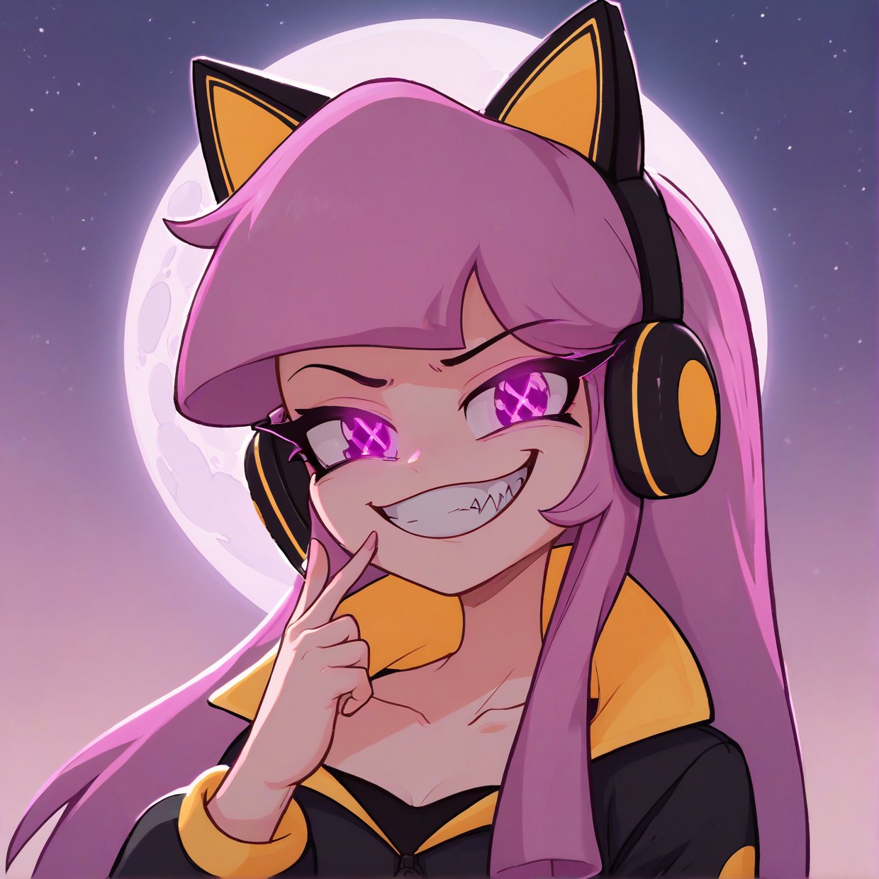 score_9_up, score_8_up, score_7_up, spoopystories, ic-313n, 1girl, long hair, pink hair, cat ear headphones, pink eyes, glowing eyes, evil smile, clenched teeth, black jacket, cropped jacket, crop top, (finger on own lips), looking at viewer, facing viewer, BREAK, outdoors, pink smoke on background, pink mist, (night), fullmoon, dark lighting, upper body