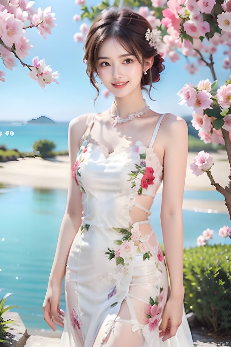 1girl, solo, breasts, looking at viewer, smile, short hair, brown hair, hair ornament, dress, bare shoulders, brown eyes, flower, outdoors, day, tree, white dress, realistic, photo background, aqua dress