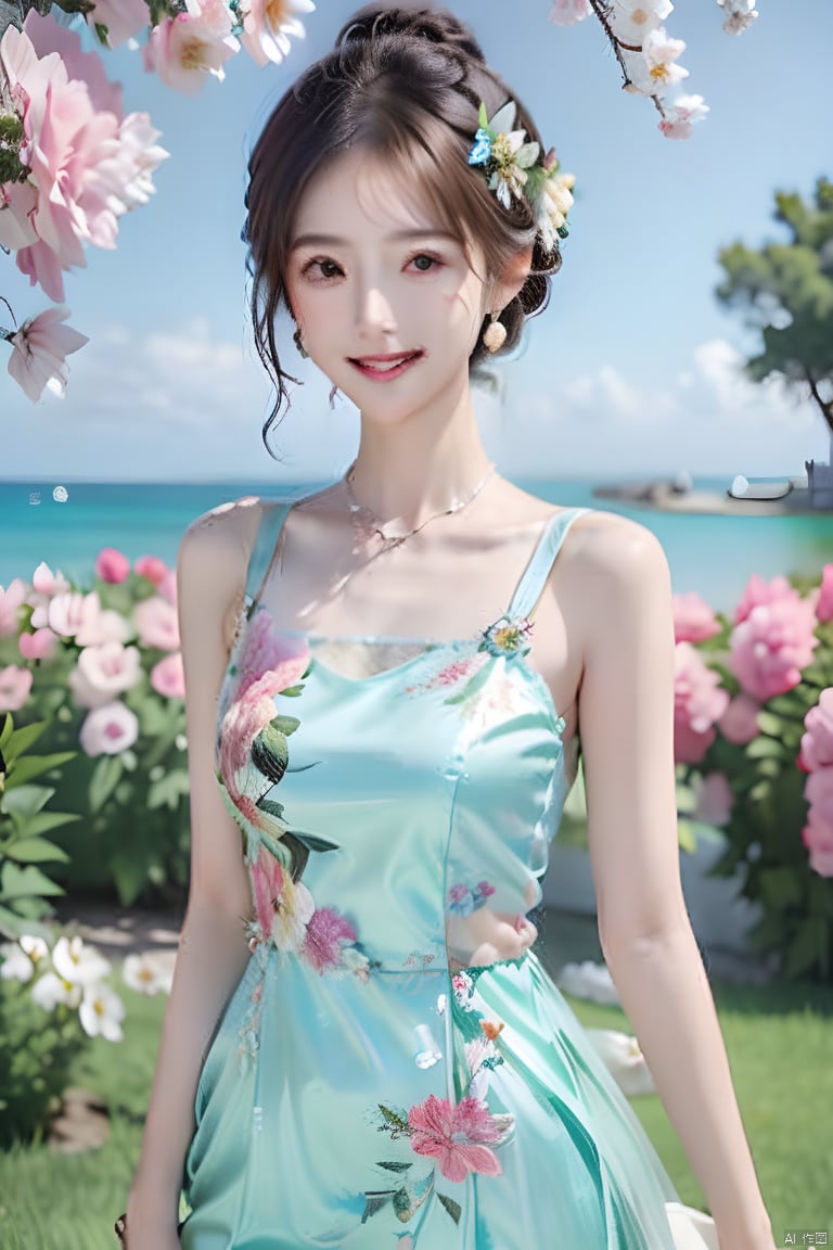 1girl, solo, breasts, looking at viewer, smile, short hair, brown hair, hair ornament, dress, bare shoulders, brown eyes, flower, outdoors, day, tree, white dress, realistic, photo background, aqua dress