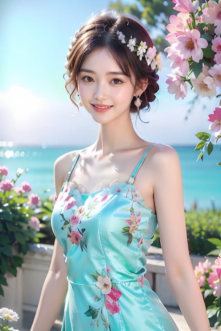 1girl, solo, breasts, looking at viewer, smile, short hair, brown hair, hair ornament, dress, bare shoulders, brown eyes, flower, outdoors, day, tree, white dress, realistic, photo background, aqua dress