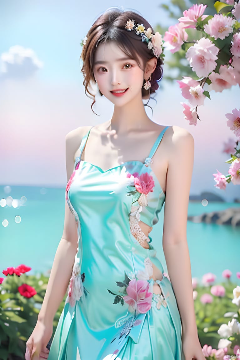 1girl, solo, breasts, looking at viewer, smile, short hair, brown hair, hair ornament, dress, bare shoulders, brown eyes, flower, outdoors, day, tree, white dress, realistic, photo background, aqua dress