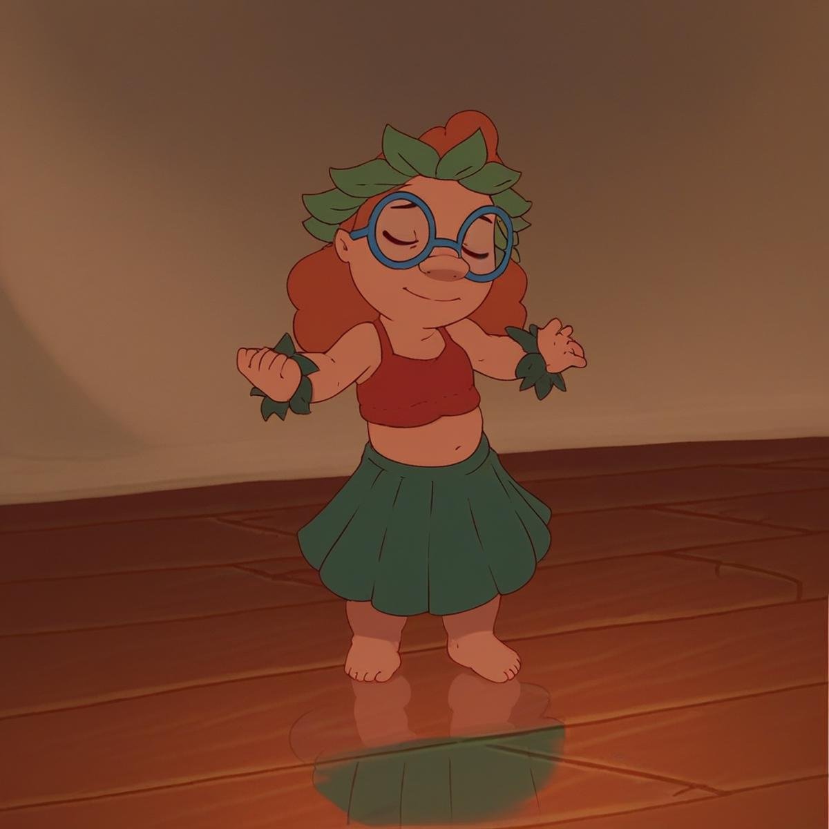 score_9, score_8_up, score_7_up, score_6_up, score_5_up, score_4_up, BREAK mertle_edmonds, 1girl, solo, dancing, glasses, closed eyes, wooden floor, blue-framed eyewear, smile, green skirt, skirt, barefoot, shadow, closed mouth, midriff, leaf crown