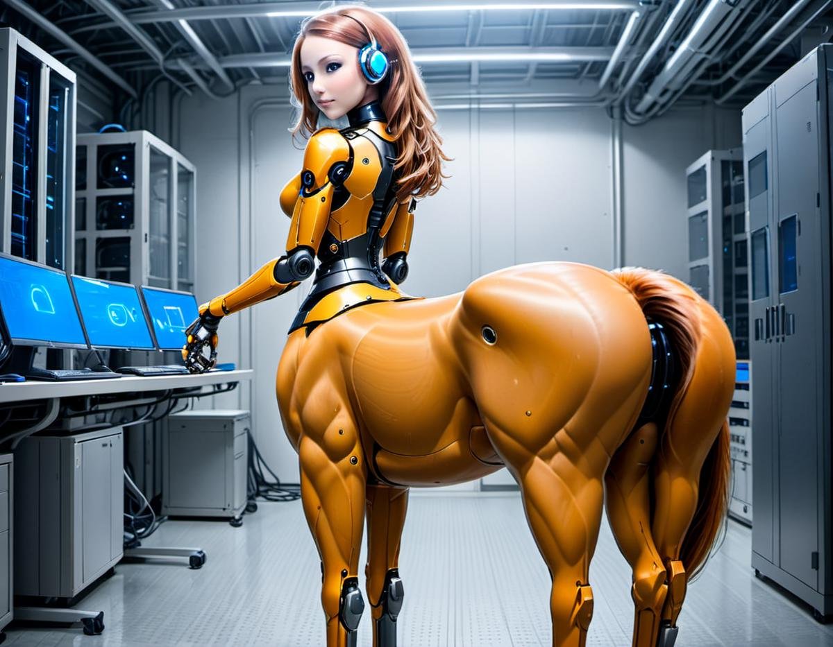 <lora:centaurx-000012:1.2>, Amandurr style, centaur biorobot in flexible pose, in cybernetic laboratory, from behind, looking over shoulder, equine pussy, <lora:Horse_Pussy:.2>