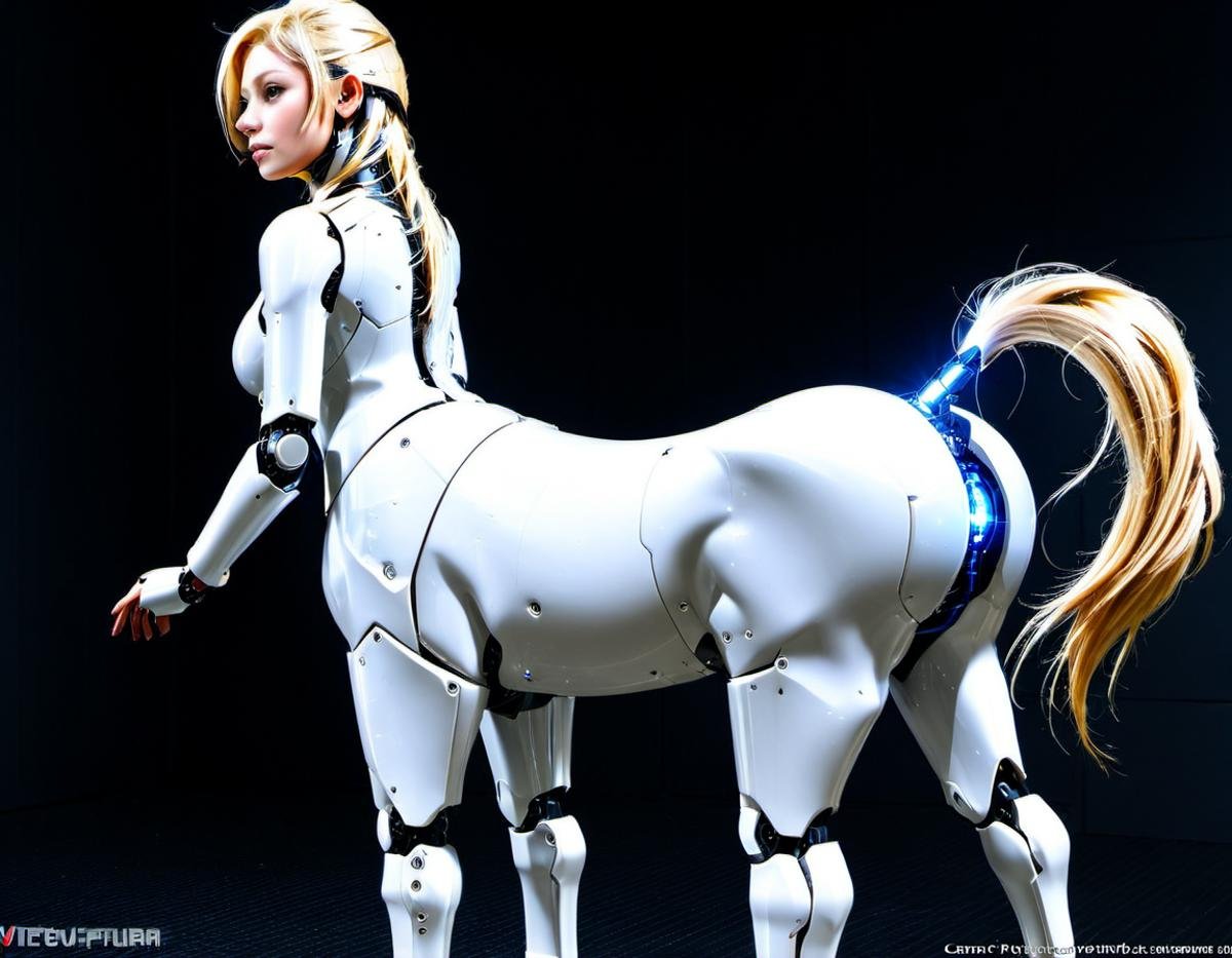 <lora:centaurx1:.9> female robotic centaur, from behind, looking over shoulder, looking at viewerwhite plastic skin, fiber optics mane, exposed electronics, fiber optics tail, circuit design, canon arm, scifi, hi tech,<lora:Horse_Pussy:.4>, equine pussy, equine anus